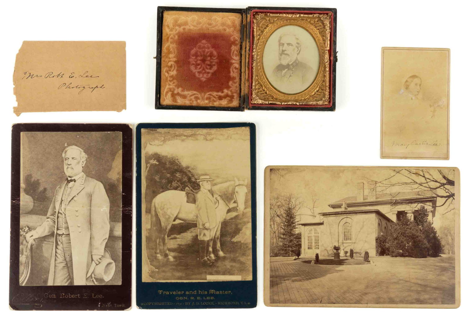 CIVIL WAR ROBERT E. LEE AND RELATED PHOTOGRAPHS, LOT OF FIVE: CIVIL WAR ROBERT E. LEE AND RELATED PHOTOGRAPHS, LOT OF FIVE, comprising cabinet cards titled "Traveler and his Master, Gen. R. E. Lee", J. D. Locke, Richmond and "Gen. Robert E. Lee&qu
