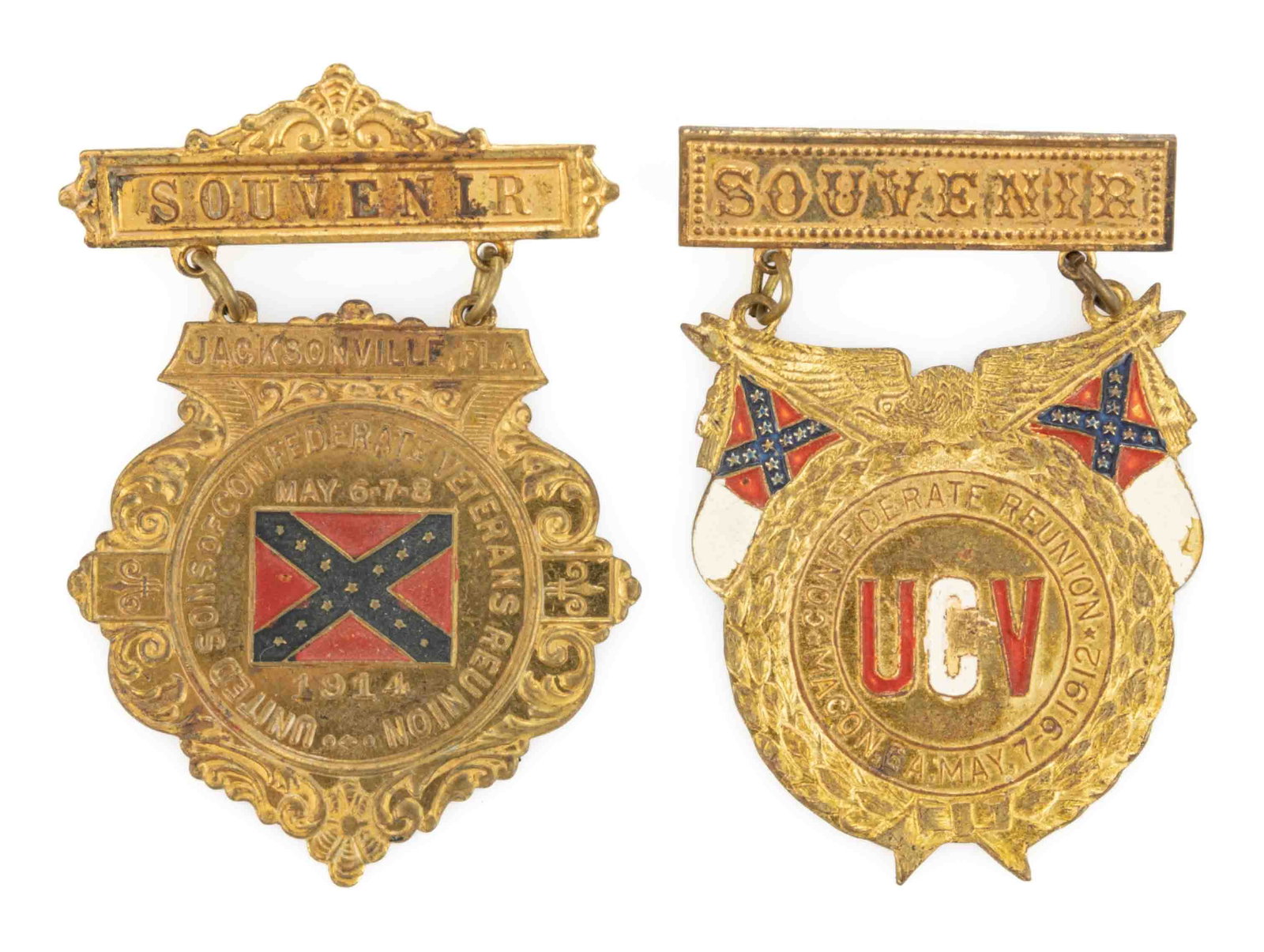 UNITED CONFEDERATE VETERANS / U.C.V. REUNION BADGES, LOT OF TWO: UNITED CONFEDERATE VETERANS / U.C.V. REUNION BADGES, LOT OF TWO, brass with enamel decoration, comprising 1912 Macon, Georgia, and 1914 Jacksonville, Florida. 2 1/8" and 2 1/4" H. Prov