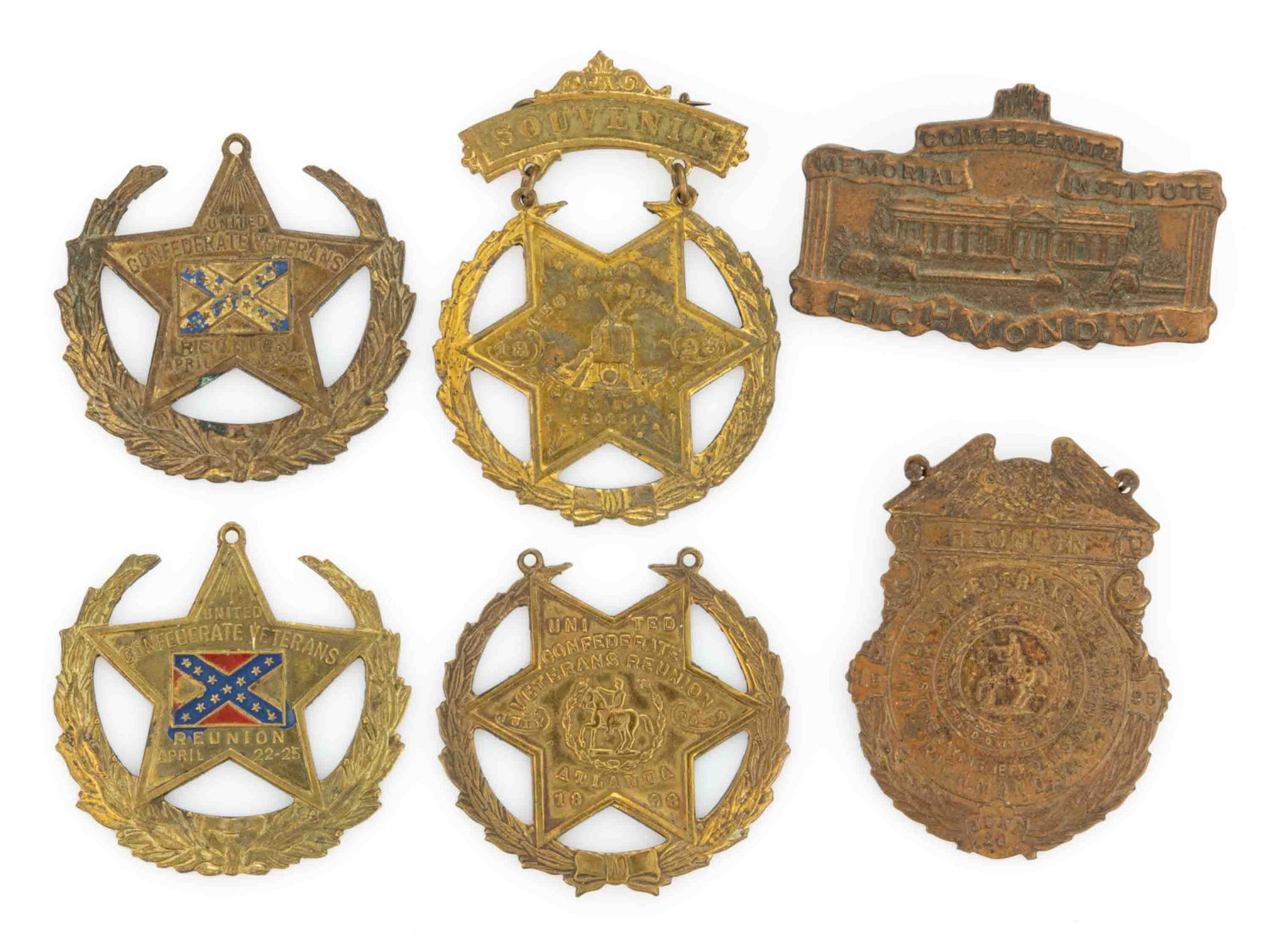 UNITED CONFEDERATE VETERANS / U.C.V. REUNION BADGES, LOT OF FIVE: UNITED CONFEDERATE VETERANS / U.C.V. REUNION BADGES, LOT OF FIVE, brass, comprising 1896 Cornerstone Laying of Jefferson Davis Monument, Richmond, Virginia; 1898 Geo. H. Thomas Camp, Chickamauga Park,