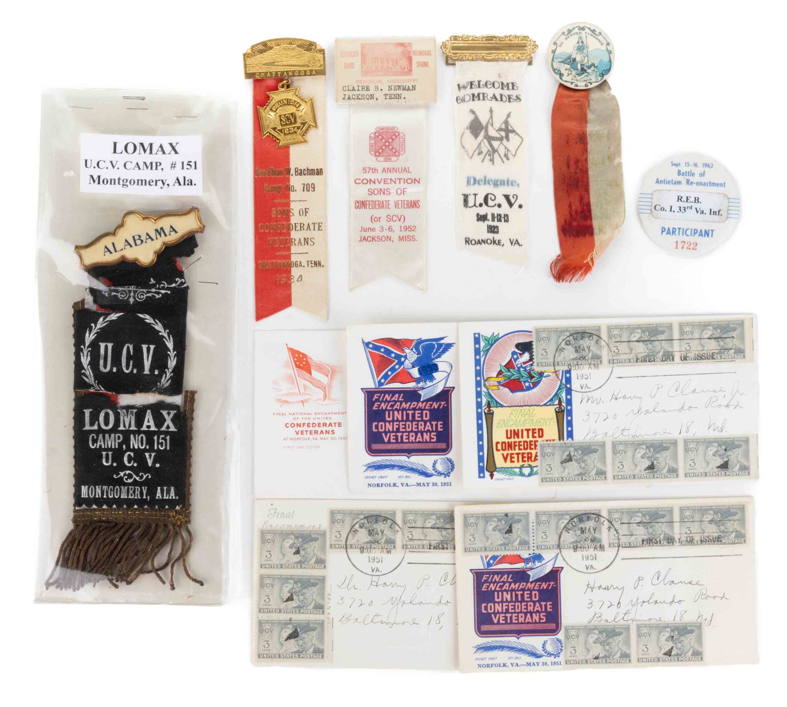 ASSORTED CONFEDERATE VETERANS RIBBONS AND OTHER ARTICLES, LOT OF 11: ASSORTED CONFEDERATE VETERANS RIBBONS AND OTHER ARTICLES, LOT OF 11, three UCV ribbons comprising Lomax Camp No. 151, Montgomery, Alabama, 1916 Norfolk, Virginia, and 1923 Roanoke, Virginia; two SCV r
