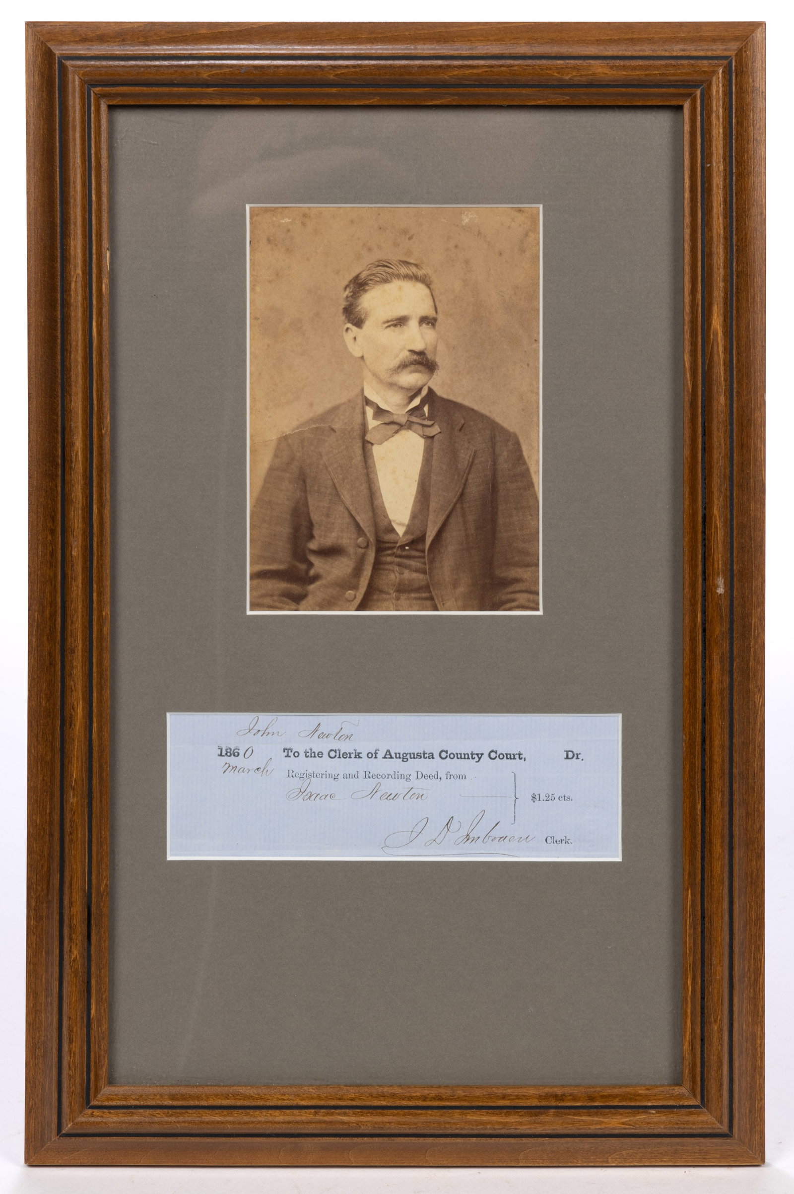 CONFEDERATE GENERAL JOHN D. IMBODEN (VIRGINIA, 1823-1895) SIGNED DOCUMENT: CONFEDERATE GENERAL JOHN D. IMBODEN (VIRGINIA, 1823-1895) SIGNED DOCUMENT, partially printed manuscript on blue paper, being a receipt for registering and recording a deed for Isaac Newton, March 1860