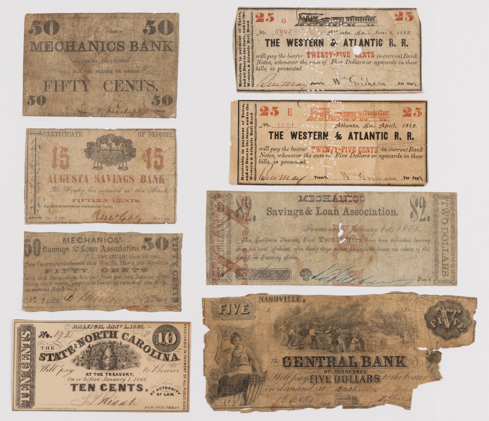ASSORTED SOUTHERN STATES CIVIL WAR OBSOLETE CURRENCY / NOTES, LOT OF EIGHT: ASSORTED SOUTHERN STATES CIVIL WAR OBSOLETE CURRENCY / NOTES, LOT OF EIGHT, comprising six Georgia, one North Carolina, and one Tennessee. 1861-1863. Provenance: From the estate of