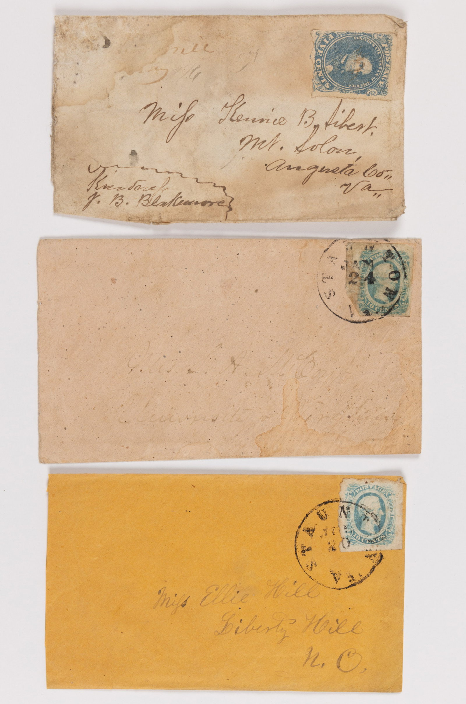 CIVIL WAR CONFEDERATE AUGUSTA CO., SHENANDOAH VALLEY OF VIRGINIA POSTAL COVERS, LOT OF THREE: CIVIL WAR CONFEDERATE AUGUSTA CO., SHENANDOAH VALLEY OF VIRGINIA POSTAL COVERS, LOT OF THREE, comprising (1) bearing a 5-cent stamp without postmark, addressed to Mt. Solon, VA; (2) bearing a 10-