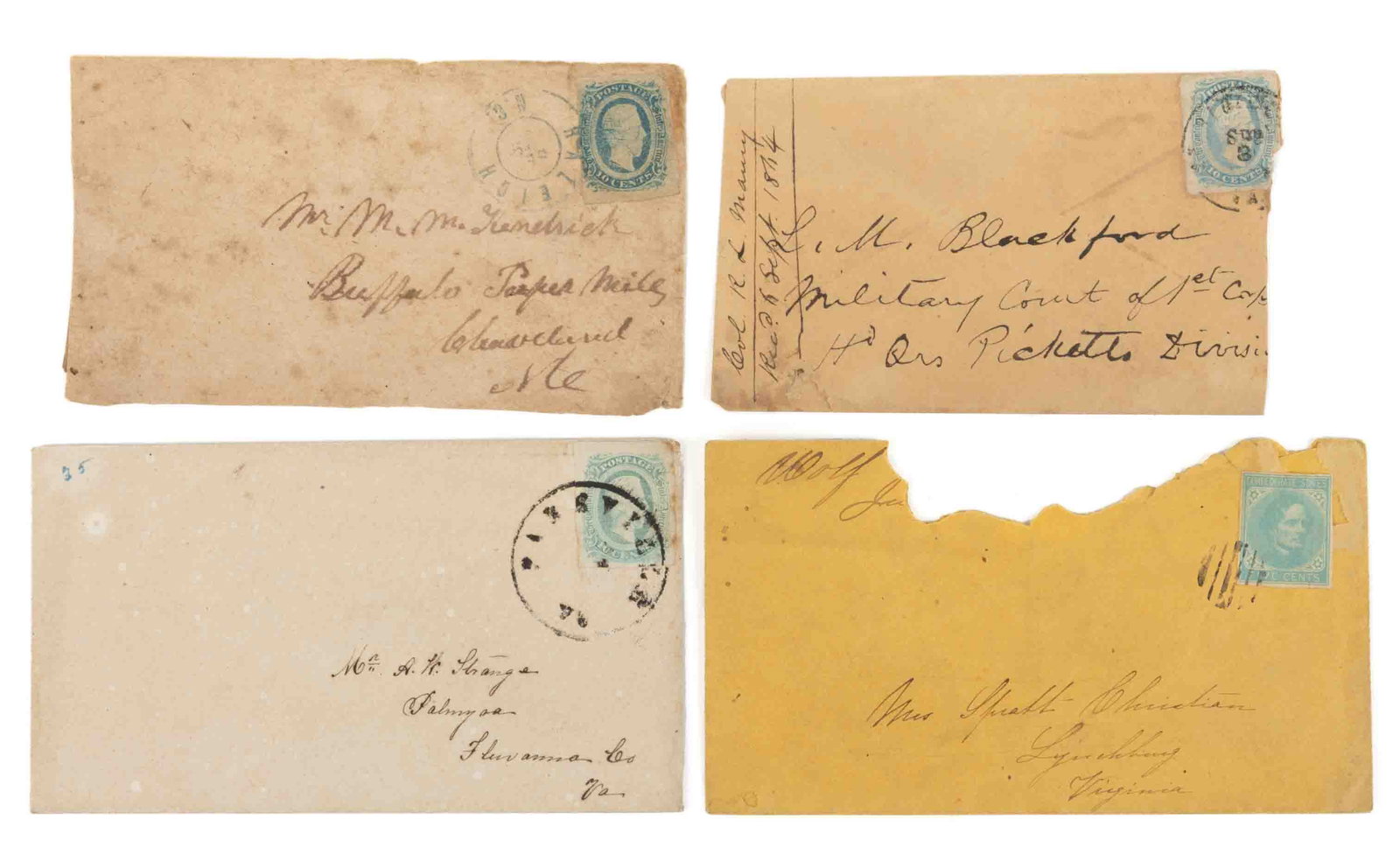CIVIL WAR CONFEDERATE POSTAL COVERS, LOT OF FOUR: CIVIL WAR CONFEDERATE POSTAL COVERS, LOT OF FOUR, comprising one bearing a 5-cent stamp with grill postmark, addressed to Lynchburg, VA; the remainder bearing a 10-cent stamp, two tied with a Vir