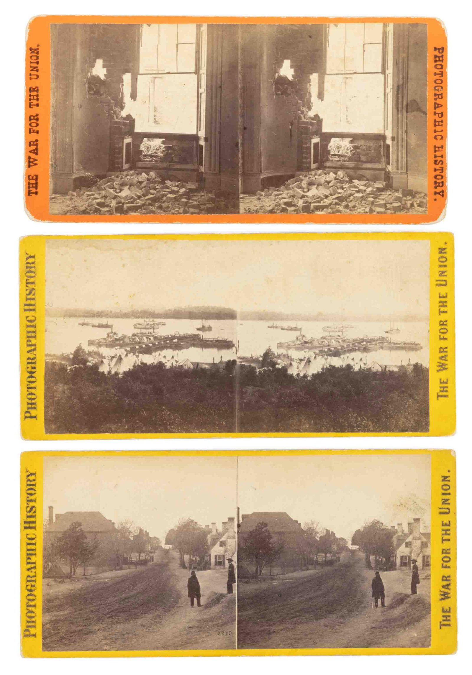 CIVIL WAR CONFEDERATE STEREOVIEW CARDS, LOT OF THREE: CIVIL WAR CONFEDERATE STEREOVIEW CARDS, LOT OF THREE, each published by E. & H. T. Anthony & Co., The War For the Union series, comprising No. 2372, "Street in Yorktown, Va." an