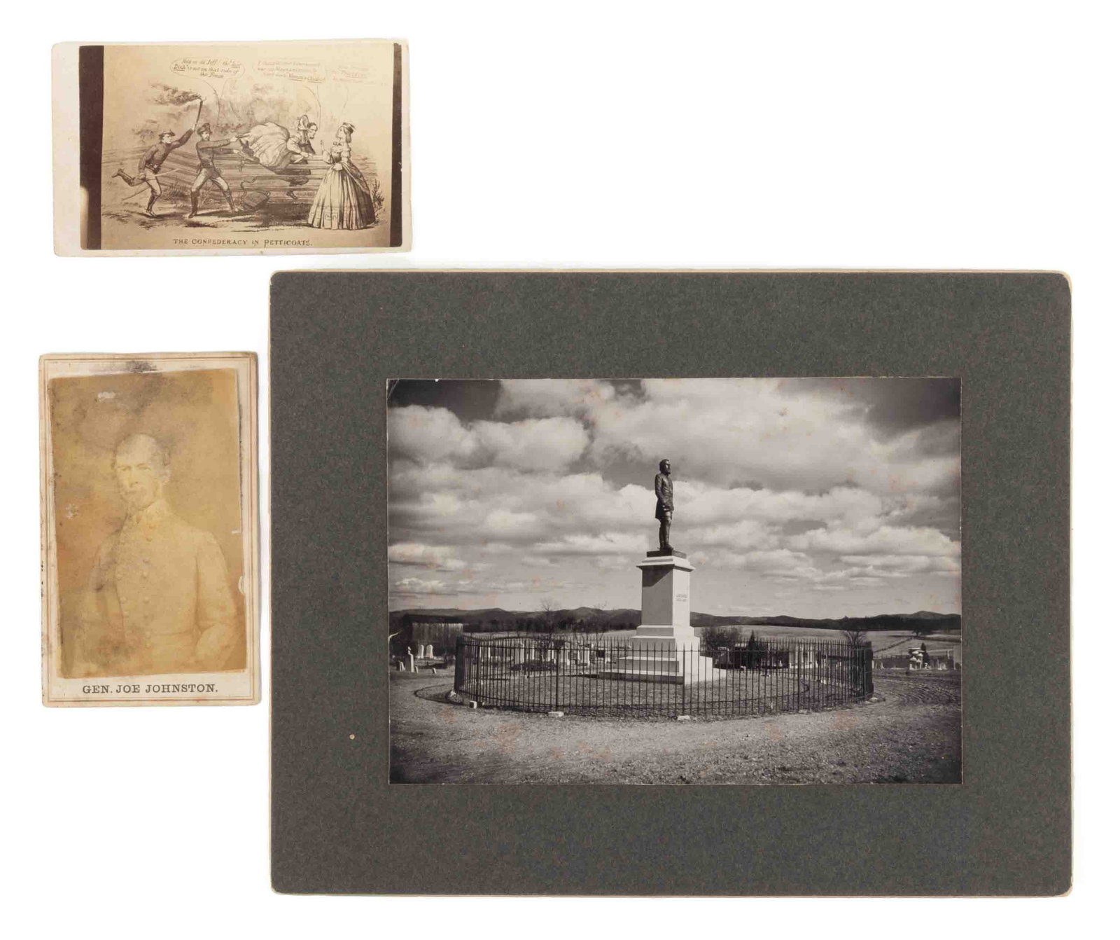 CIVIL WAR CONFEDERATE PHOTOGRAPHS, LOT OF THREE: CIVIL WAR CONFEDERATE PHOTOGRAPHS, LOT OF THREE, comprising an image on board of Stonewall Jackson's gravesite at Oak Grove Cemetery, Lexington, VA; a satirical CDV of Jefferson Davis escaping in 