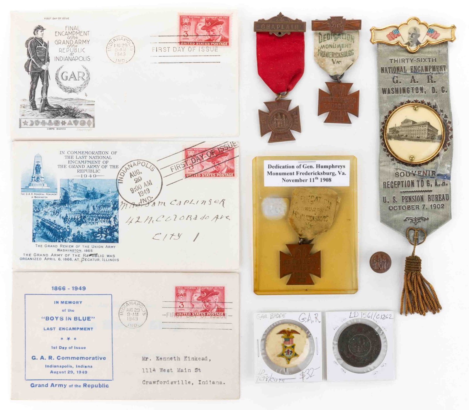 CIVIL WAR GRAND ARMY OF THE REPUBLIC / GAR SOUVENIRS, LOT OF TEN: CIVIL WAR GRAND ARMY OF THE REPUBLIC / GAR SOUVENIRS, LOT OF TEN, comprising an 1883 Women's Relief Corp medal with Chaplain pin; a 1902 Thirty-Sixth National Encampment, Washington, DC ribbo