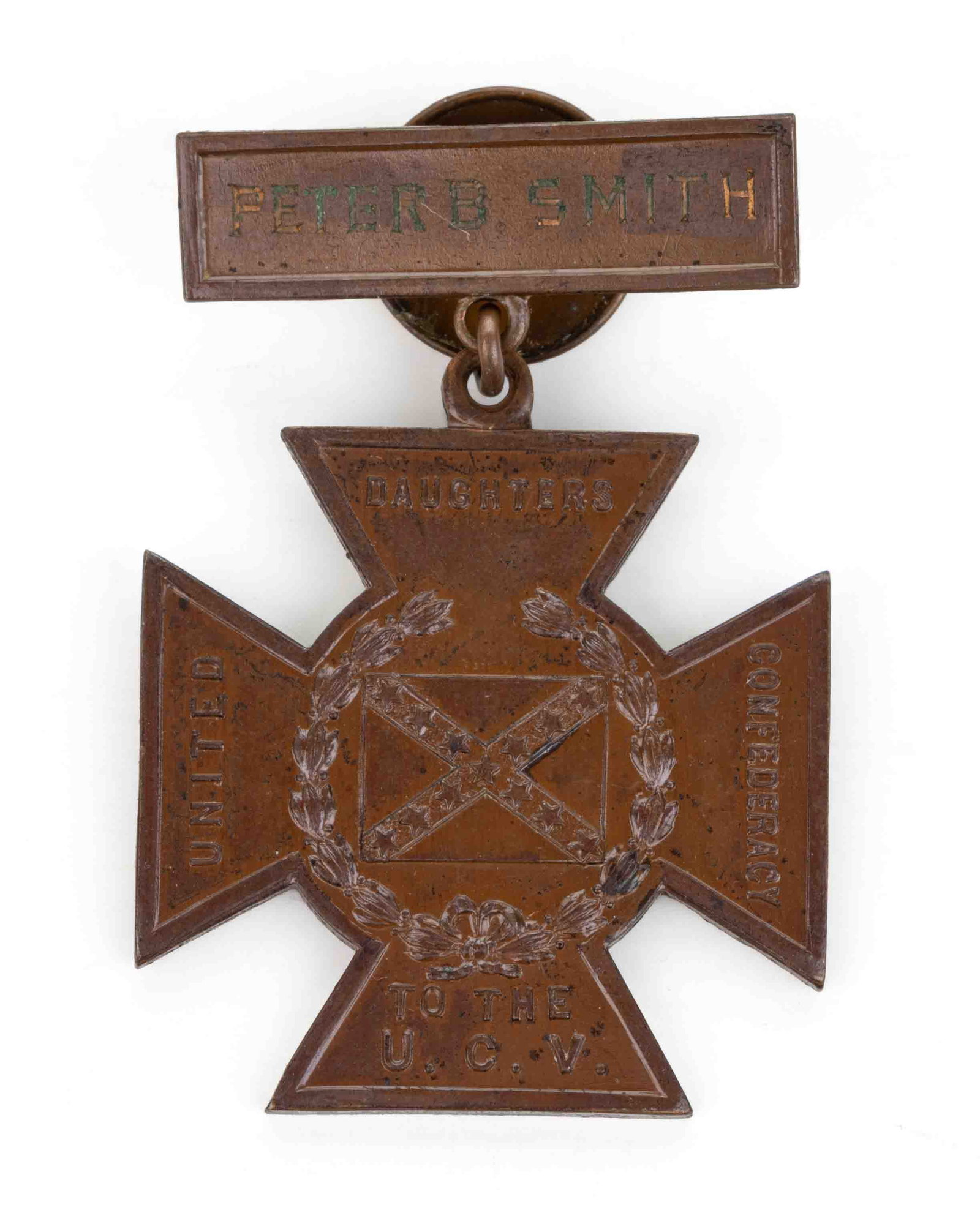 CIVIL WAR UCV SOUTHERN CROSS OF HONOR BADGE: CIVIL WAR UCV SOUTHERN CROSS OF HONOR BADGE, United Daughters of the Confederacy to the U.C.V, bar engraved "PETER B. SMITH", marked for Whitehead & Hoag Co., with original scr