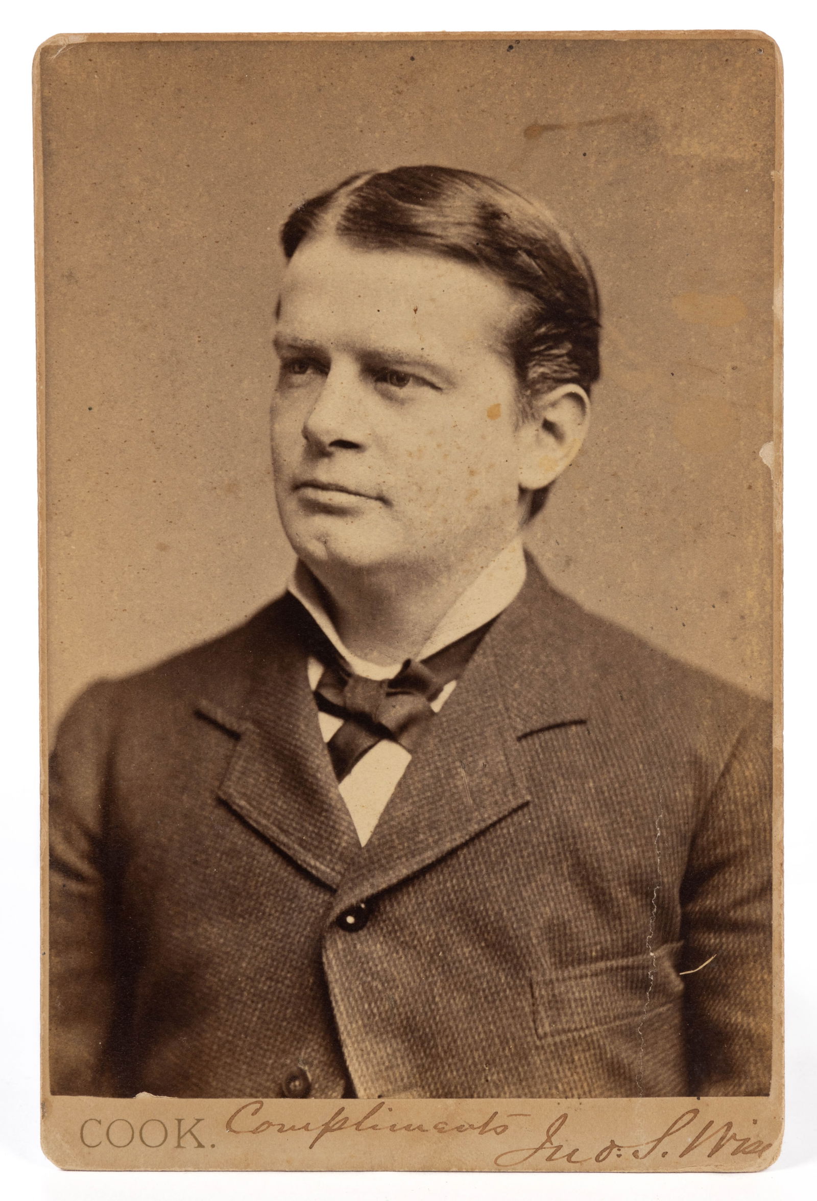 CIVIL WAR BATTLE OF NEW MARKET, VIRGINIA CADET SIGNED CABINET PHOTOGRAPH: CIVIL WAR BATTLE OF NEW MARKET, VIRGINIA CADET SIGNED CABINET PHOTOGRAPH, albumen print on card, a post-war depiction of Lieut. John S. Wise, a VMI Cadet who fought at the Battle of New Market on