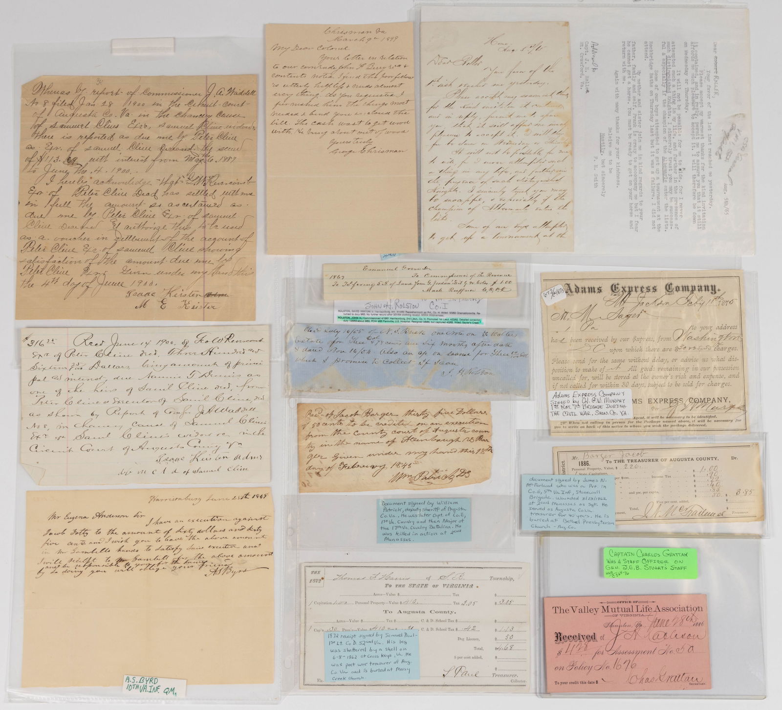 CIVIL WAR CONFEDERATE SHENANDOAH VALLEY OF VIRGINIA SOLDIER'S SIGNATURES, LOT OF 12: CIVIL WAR CONFEDERATE SHENANDOAH VALLEY OF VIRGINIA SOLDIER'S SIGNATURES, LOT OF 12, each on a pre- or post-war document, most from the 19th VA Inf. including Maj. George Chrisman, A.S. Byrd, Isaa