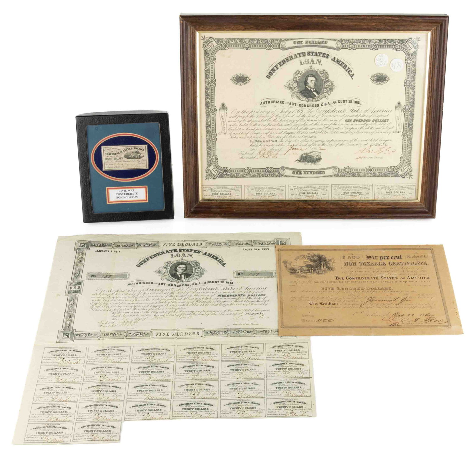 CIVIL WAR CONFEDERATE STATES LOAN BONDS / CERTIFICATES, LOT OF THREE: CIVIL WAR CONFEDERATE STATES LOAN BONDS / CERTIFICATES, LOT OF THREE, comprising $100 and $500 examples authorized by the act of August 19, 1861, with five and 26 coupons; and