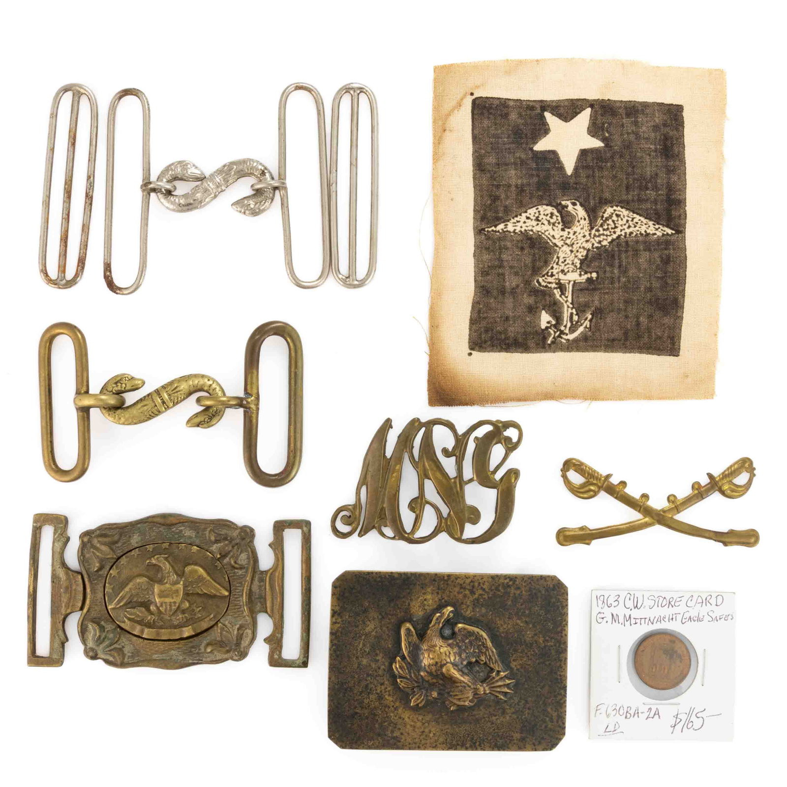 CIVIL WAR AND LATER MILITARY ARTICLES, LOT OF EIGHT: CIVIL WAR AND LATER MILITARY ARTICLES, LOT OF EIGHT, including a state of Maryland cartridge box plate, two snake buckles, and a Mittnacht's Eagle Safe Civil War copper token. Second half 19th and