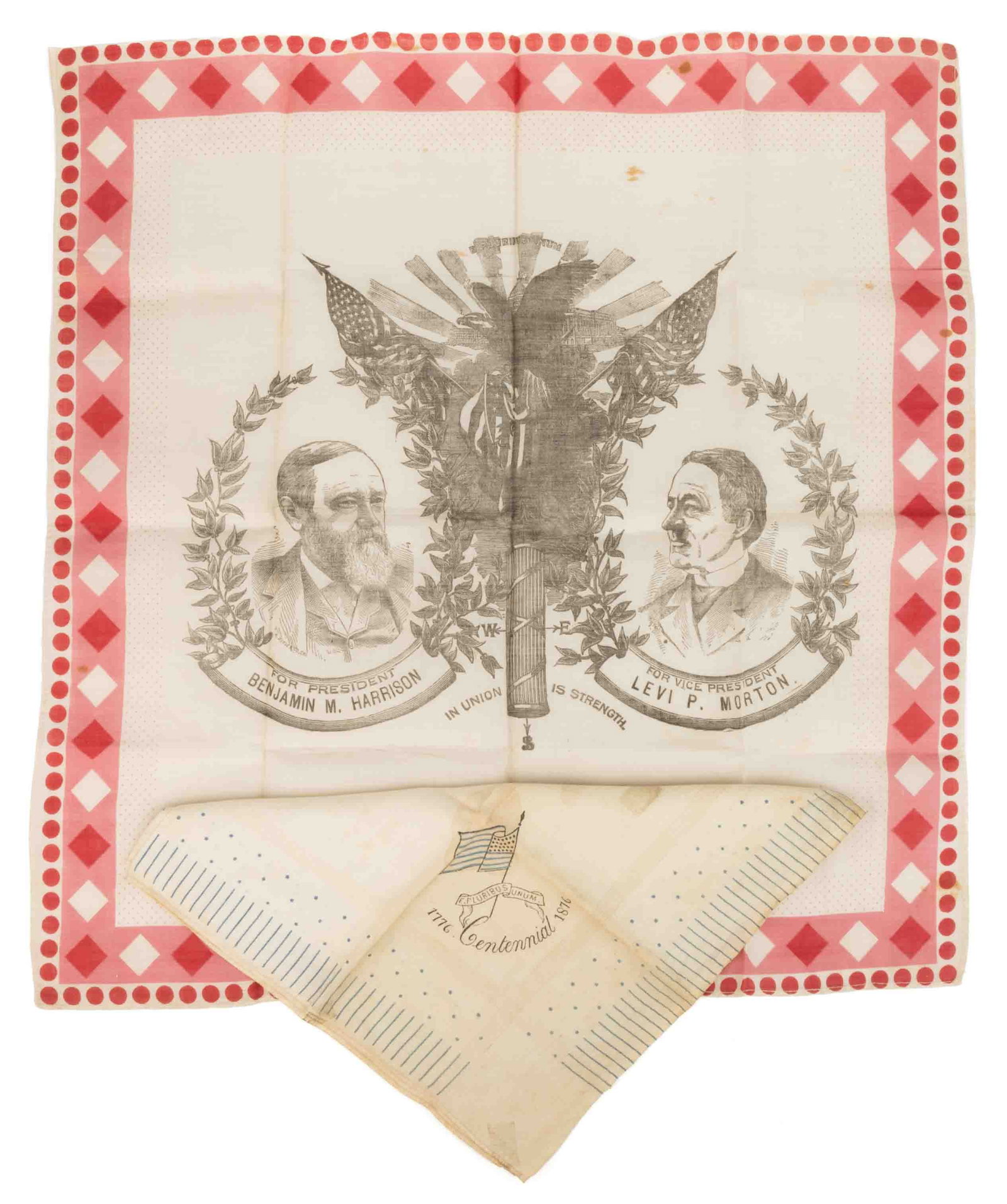 ANTIQUE HARRISON / MORTON CAMPAIGN AND U.S. CENTENNIAL PRINTED BANDANAS / HANDKERCHIEFS, LOT OF TWO: ANTIQUE HARRISON / MORTON CAMPAIGN AND U.S. CENTENNIAL PRINTED BANDANAS / HANDKERCHIEFS, LOT OF TWO, each with machine-stitched hem, comprising a cotton jugate bandana / handkerchief for the 1888 U.S.