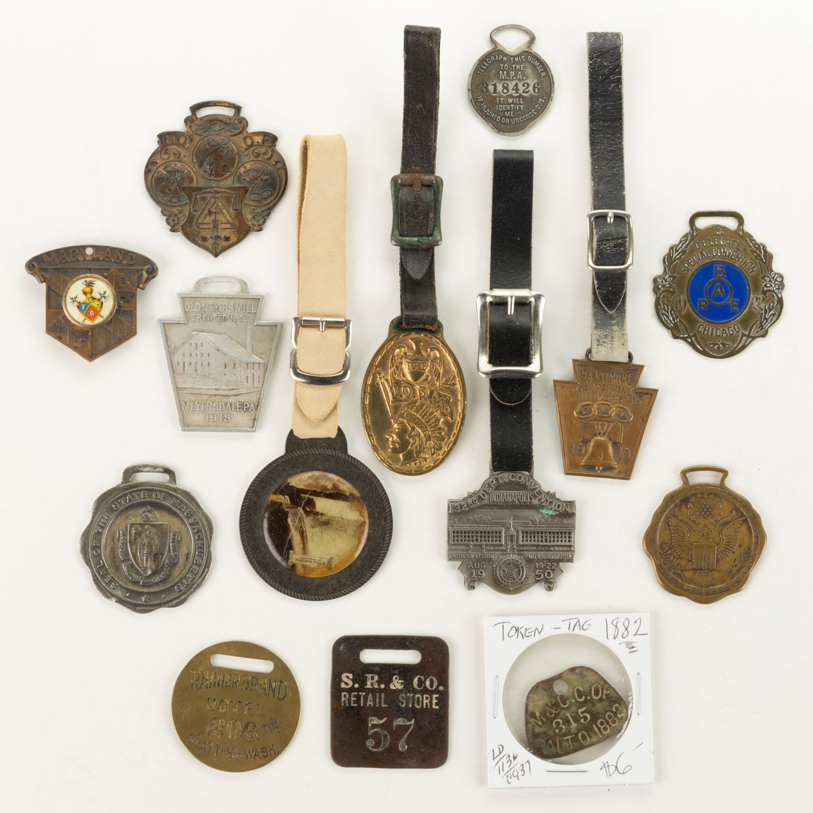 ASSORTED MASONIC / FRATERNAL, SOUVENIR, AND OTHER FOBS / TAGS, LOT OF 14: ASSORTED MASONIC / FRATERNAL, SOUVENIR, AND OTHER FOBS / TAGS, LOT OF 14, including a 1919 Odd Fellows Baltimore Centennial Anniversary and a Masonic Protective Association both by The White