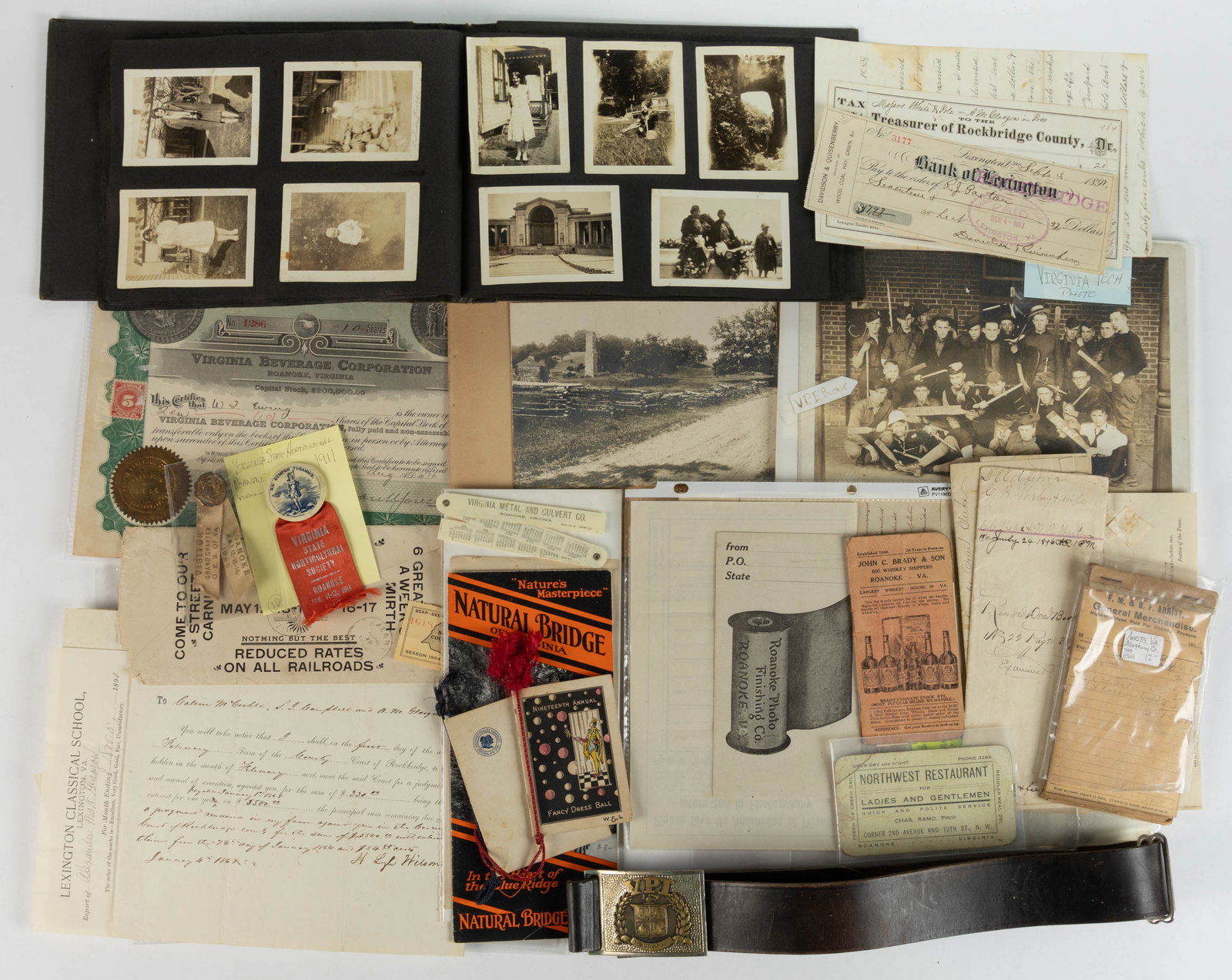 VALLEY OF VIRGINIA ARCHIVAL MATERIAL, UNCOUNTED LOT: VALLEY OF VIRGINIA ARCHIVAL MATERIAL, UNCOUNTED LOT, manuscripts, ephemera, and photos, including VPI belt with buckle and photograph; "Ruins of Old Peirce Homestead, Wythe Co., Va." photogr