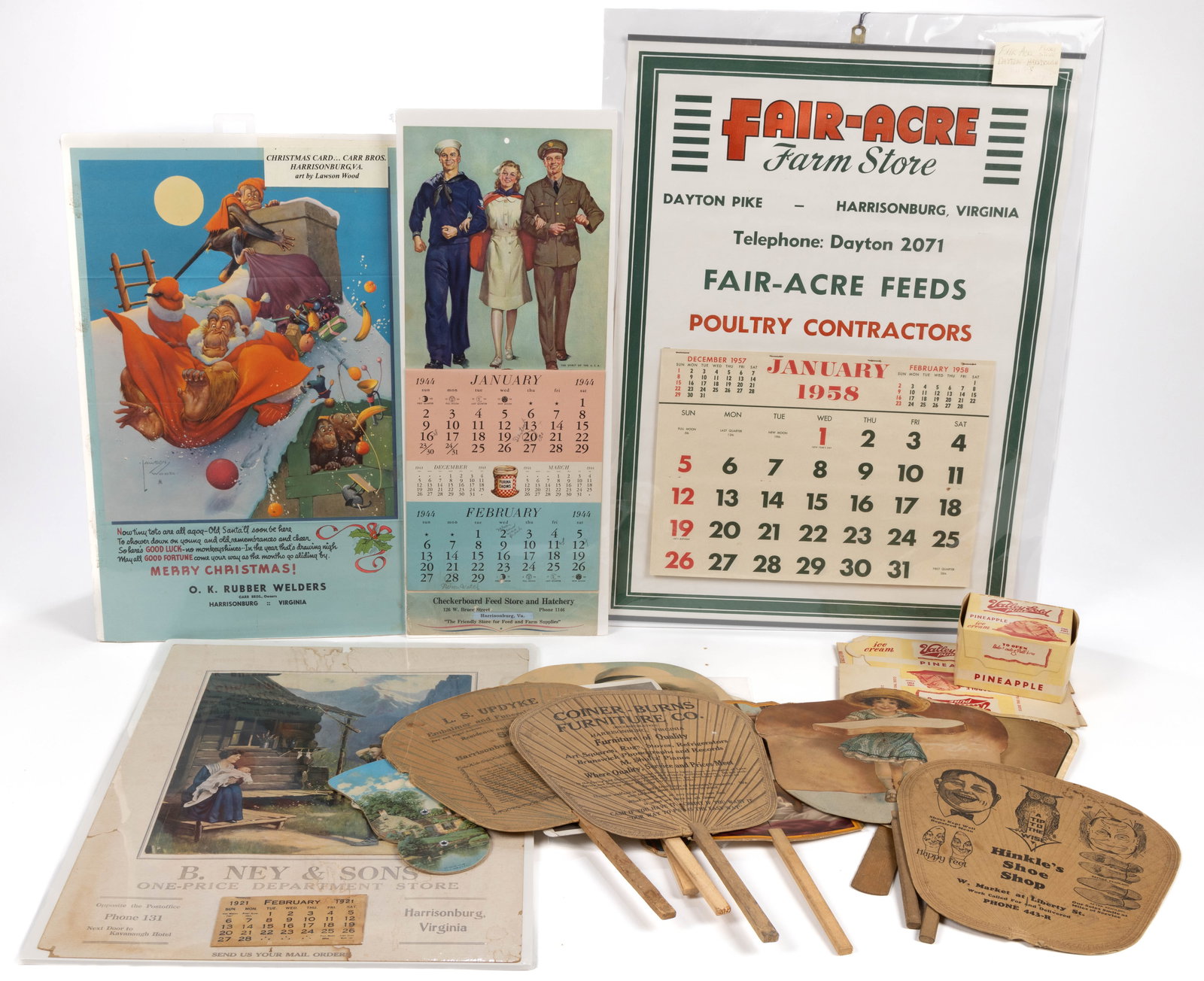 HARRISONBURG, SHENANDOAH VALLEY OF VIRGINIA ADVERTISING AND OTHER EPHEMERA, LOT OF 20: HARRISONBURG, SHENANDOAH VALLEY OF VIRGINIA ADVERTISING AND OTHER EPHEMERA, LOT OF 20, including five unused "Valley Gold / Pure" pineapple one pint ice cream boxes manufactured by Valley Cr
