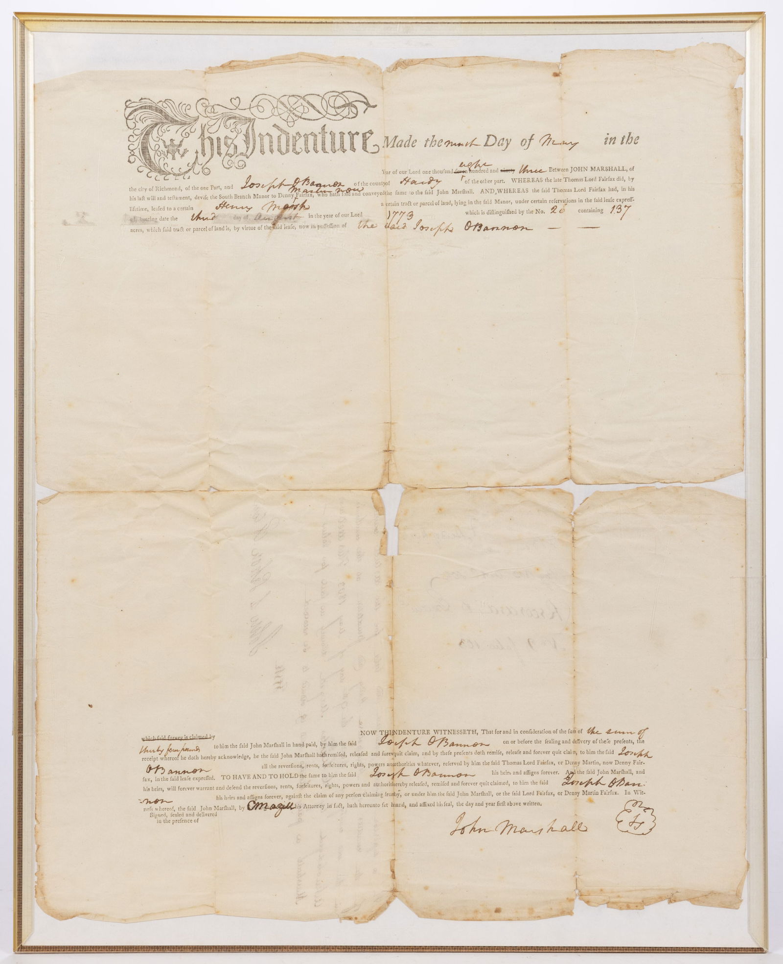 JOHN MARSHALL (1755-1835) SIGNED 1773 SOUTH BRANCH MANOR, VIRGINIA (NOW WEST VIRGINIA) LAND: JOHN MARSHALL (1755-1835) SIGNED 1773 SOUTH BRANCH MANOR, VIRGINIA (NOW WEST VIRGINIA) LAND INDENTURE DOCUMENT, printed and manuscript on paper, selling 137 acres, being part of Thomas