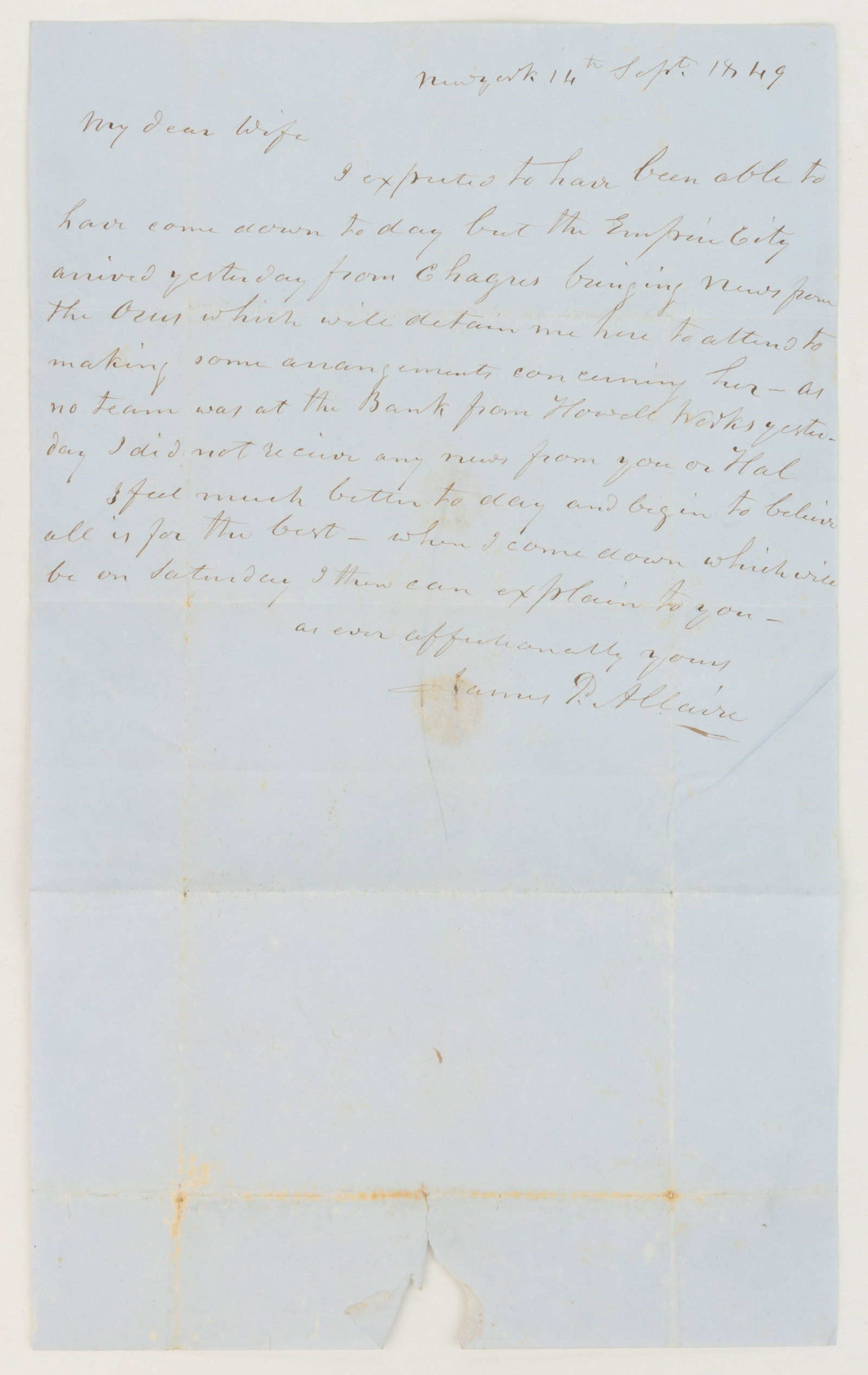 JAMES P. ALLAIRE (1785-1858), UNITED STEAMBOAT PIONEER / INDUSTRIALIST SIGNED LETTER: JAMES P. ALLAIRE (1785-1858), UNITED STEAMBOAT PIONEER / INDUSTRIALIST SIGNED LETTER, ink on blue folded stampless cover, written from New York City, September 14, 1849, to his wife, Calicia Allaire a