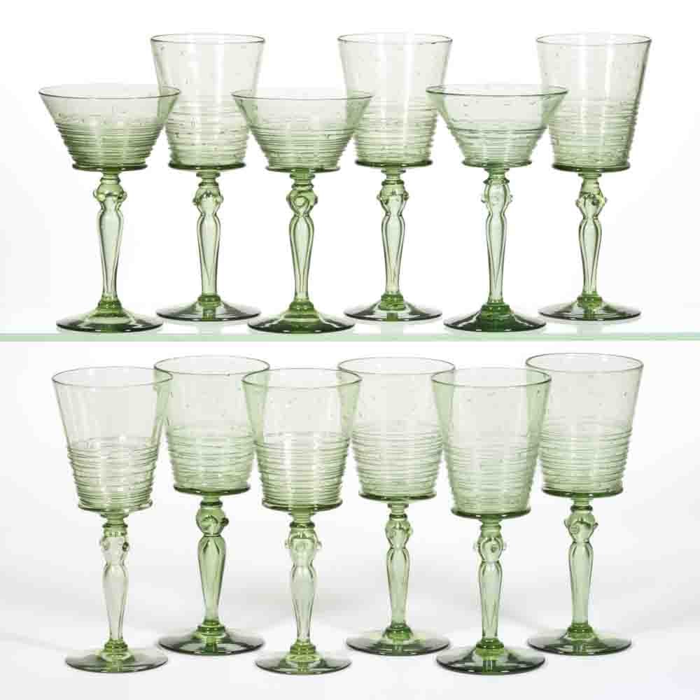 STEUBEN ATTRIBUTED NO. 6359 THREAD-DECORATED ART GLASS DRINKING ARTICLES, LOT OF 12 (1 of 1)