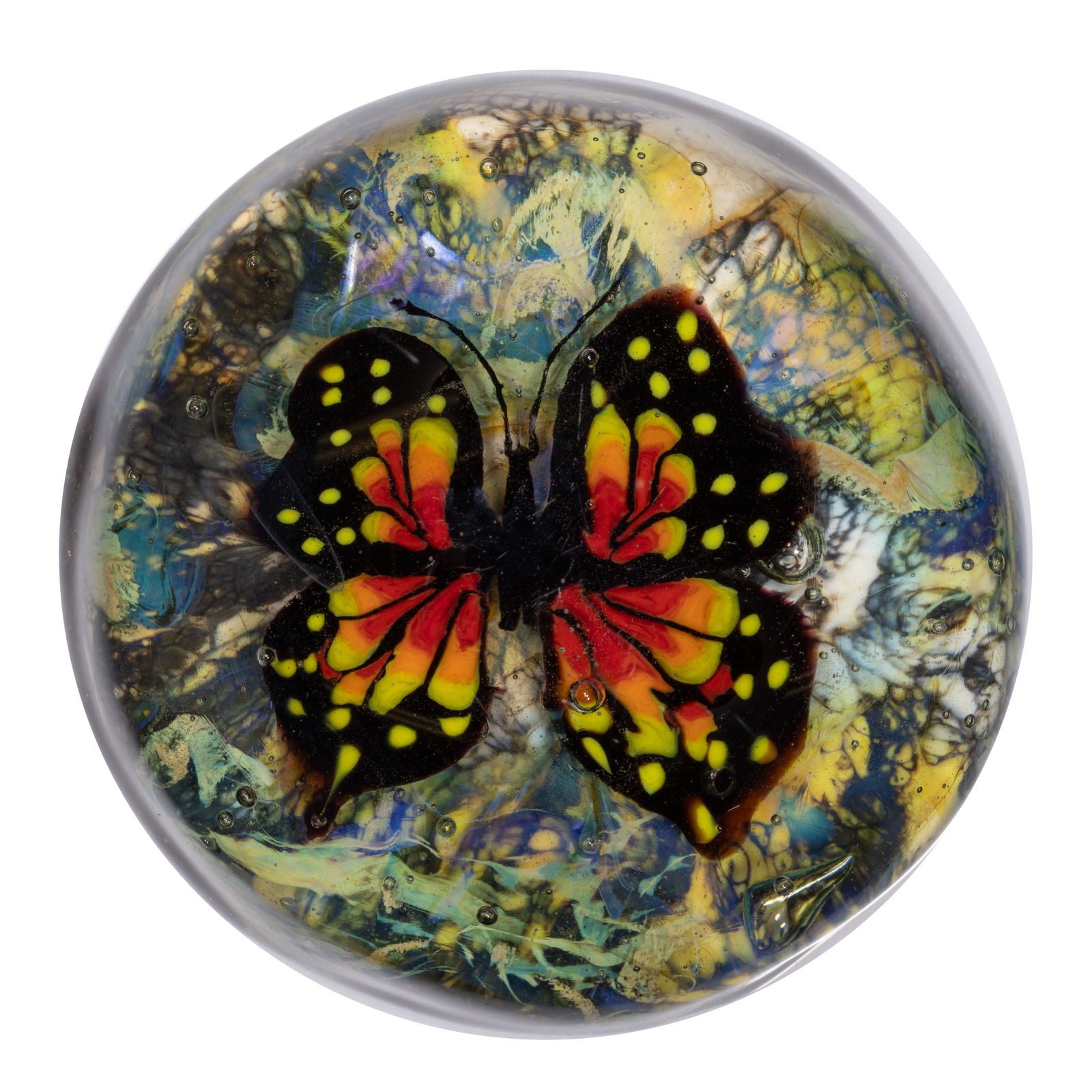 SHANNON SCOLLARD (CANADIAN, B. 1971) MONARCH BUTTERFLY MURRINE STUDIO ART GLASS PAPERWEIGHT (1 of 2)