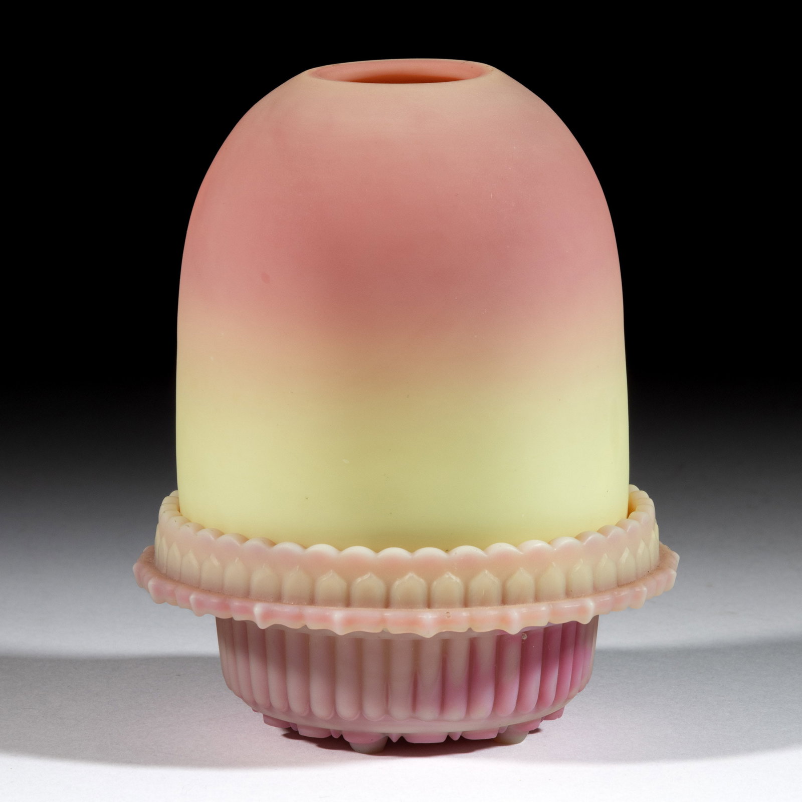 WEBB BURMESE GLASS FAIRY LAMP: WEBB BURMESE GLASS FAIRY LAMP, plush, fairy-size shade fitted in a Burmese lamp cup embossed "S. CLARKE/TRADE MARK/FAIRY" and an interior colorless candle cup embossed "S. CLARKE TRADE 
