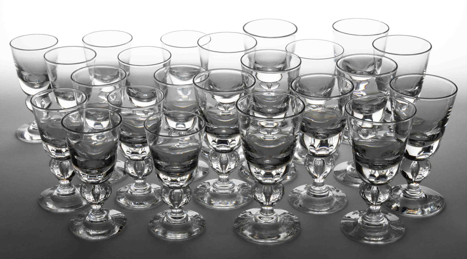 STEUBEN NO. 7877 CRYSTAL ART GLASS DRINKING ARTICLES, LOT OF 23 (1 of 2)