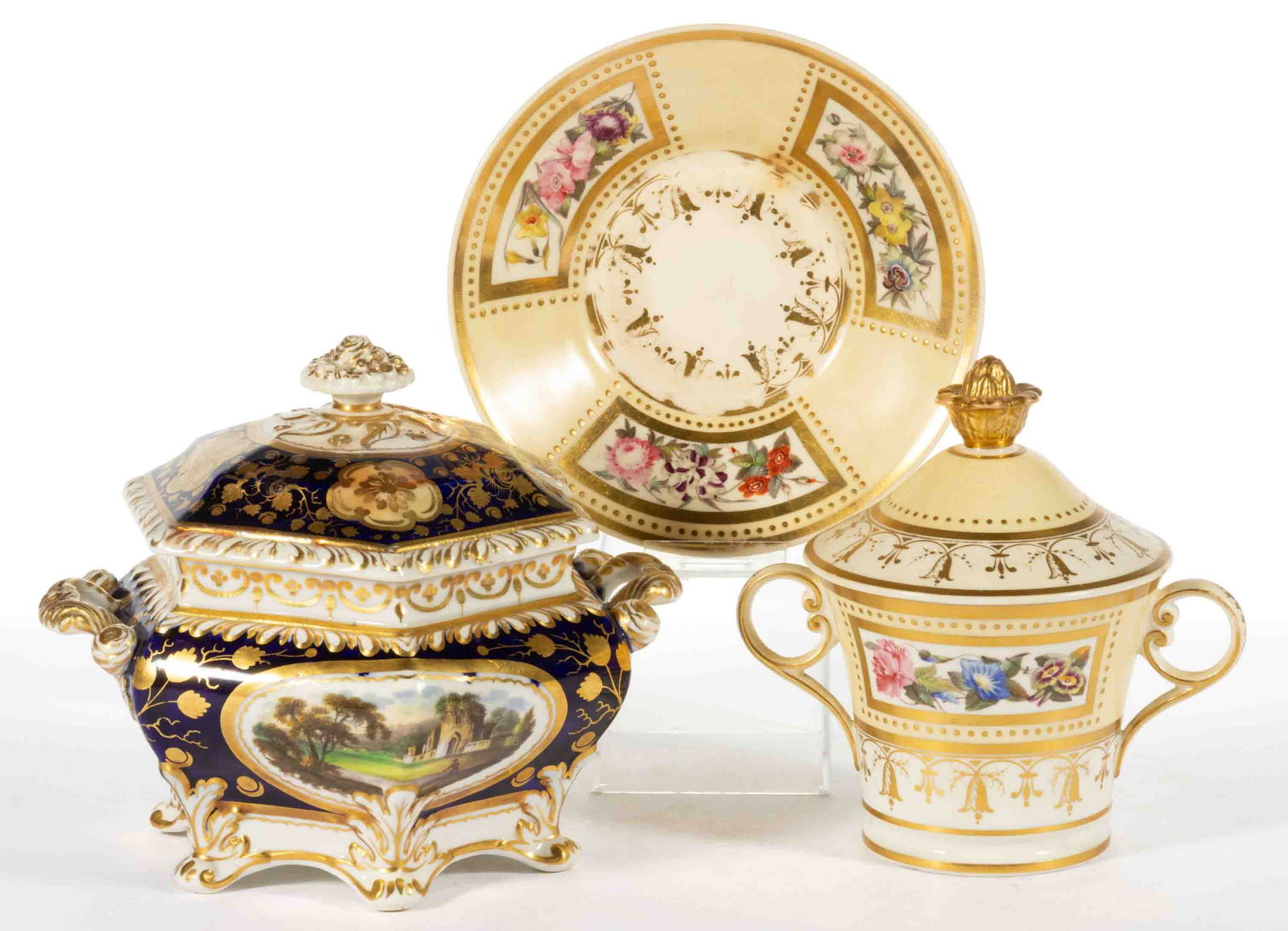 ENGLISH HAND-PAINTED PORCELAIN TEA AND TABLE ARTICLES, LOT OF TWO (1 of 2)