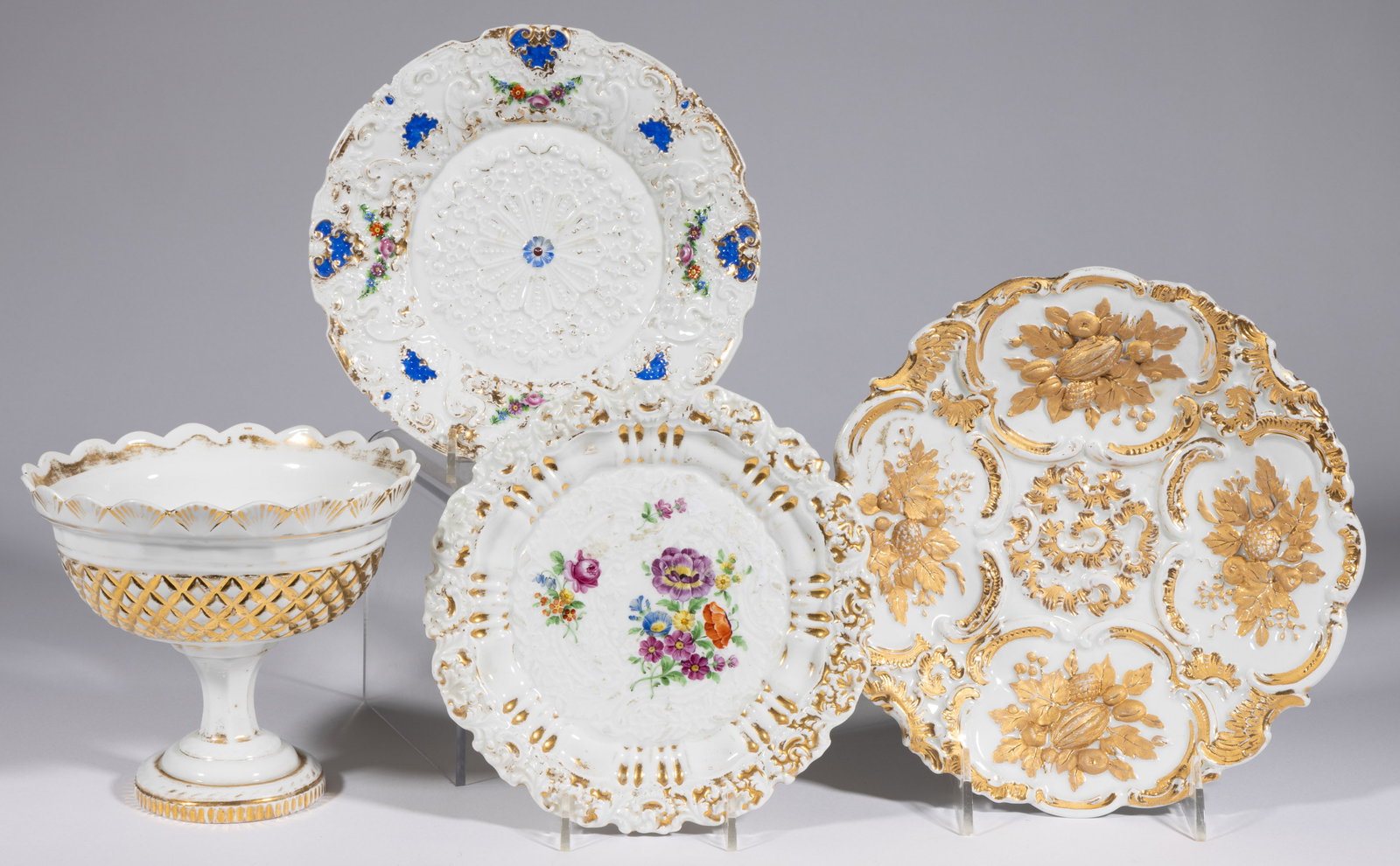 GERMAN MEISSEN PORCELAIN RELIEF GILT-DECORATED ARTICLES, LOT OF FOUR (1 of 6)