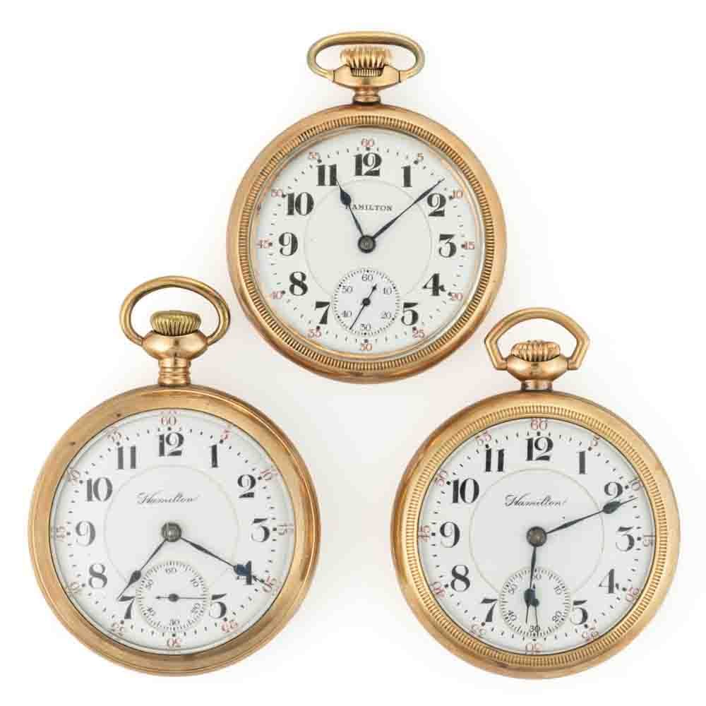 HAMILTON 23-JEWEL MODEL 3 AND 21-JEWEL MODEL 1 POCKET WATCHES, LOT OF THREE (1 of 5)