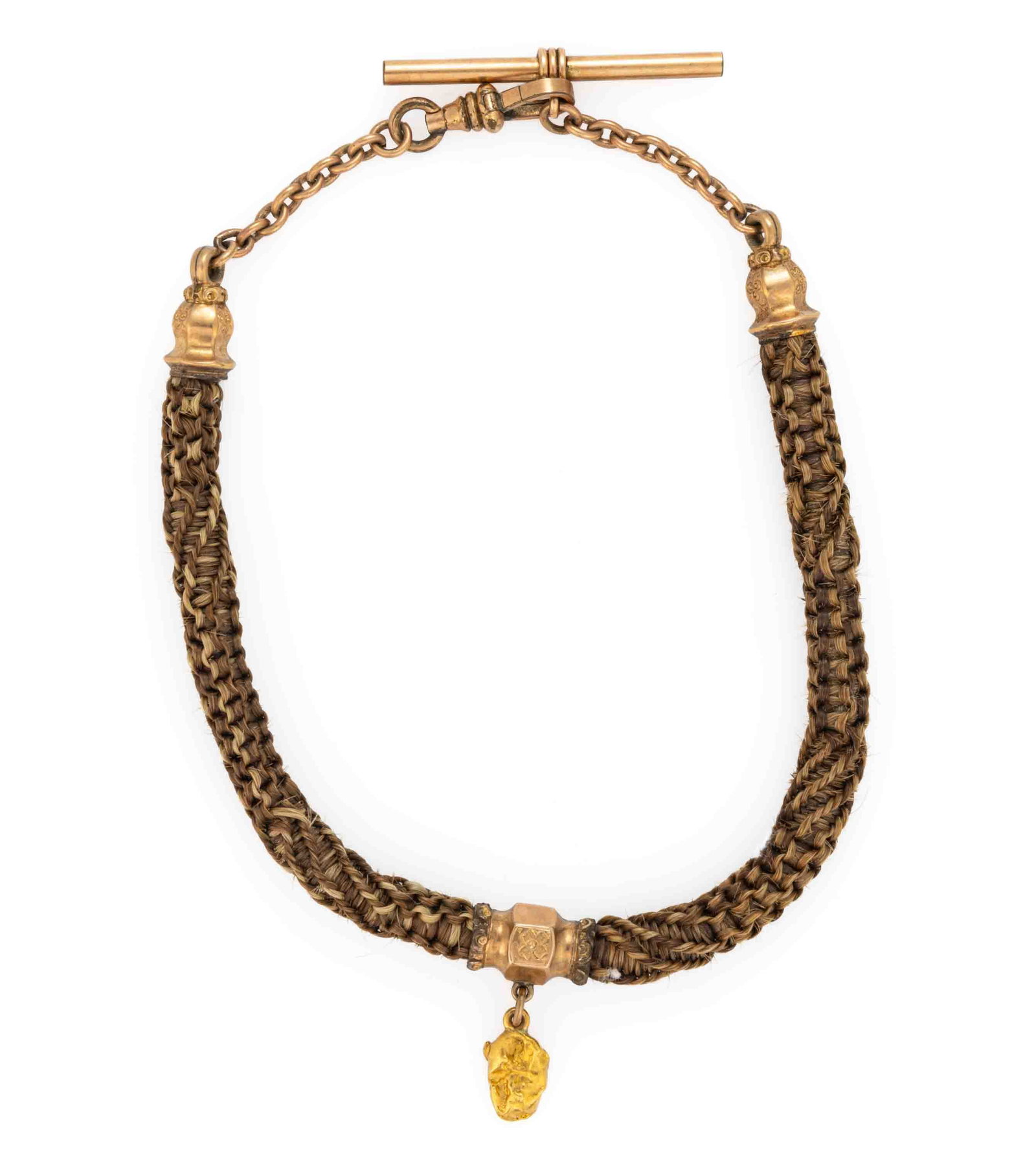 VICTORIAN HAIR-WORK MOURNING JEWELRY WATCH CHAIN WITH GOLD FOB (1 of 1)