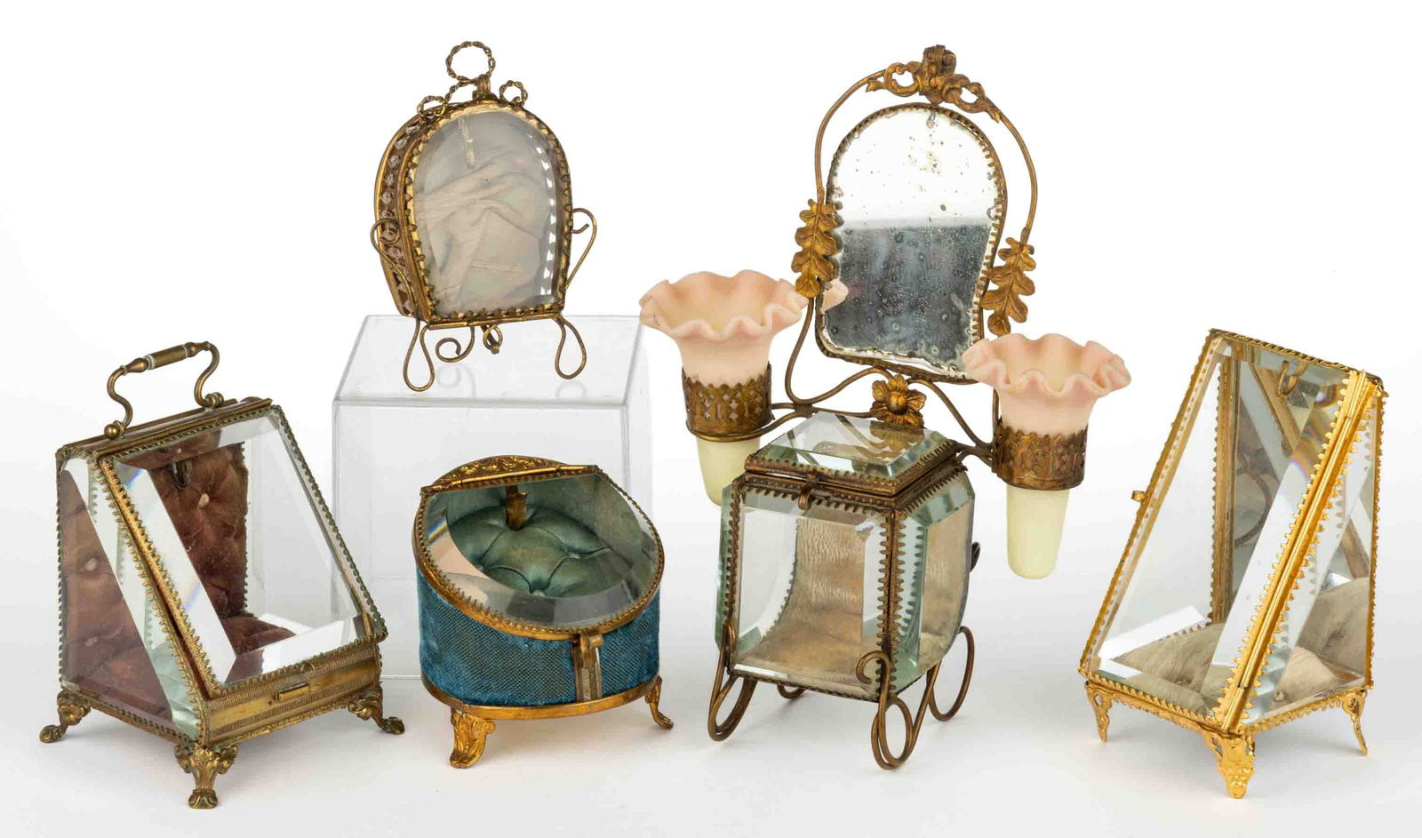 ASSORTED VICTORIAN GLASS VITRINE CASKET-TYPE WATCH HUTCHES / STANDS, LOT OF FIVE (1 of 1)