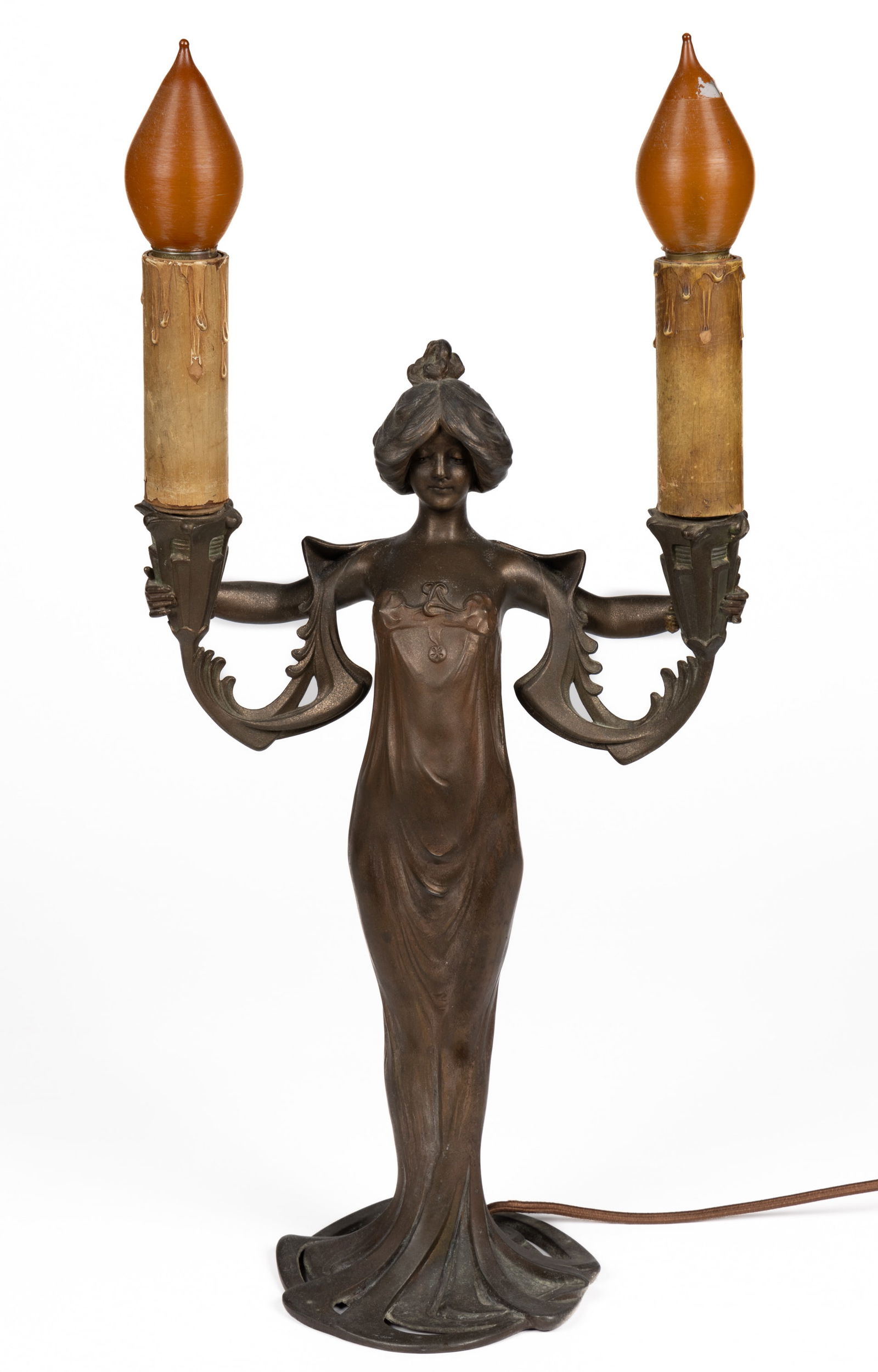 SIGNED "L. ALLIOT" ART NOUVEAU FIGURAL SPELTER ELECTRIC LAMP (1 of 6)