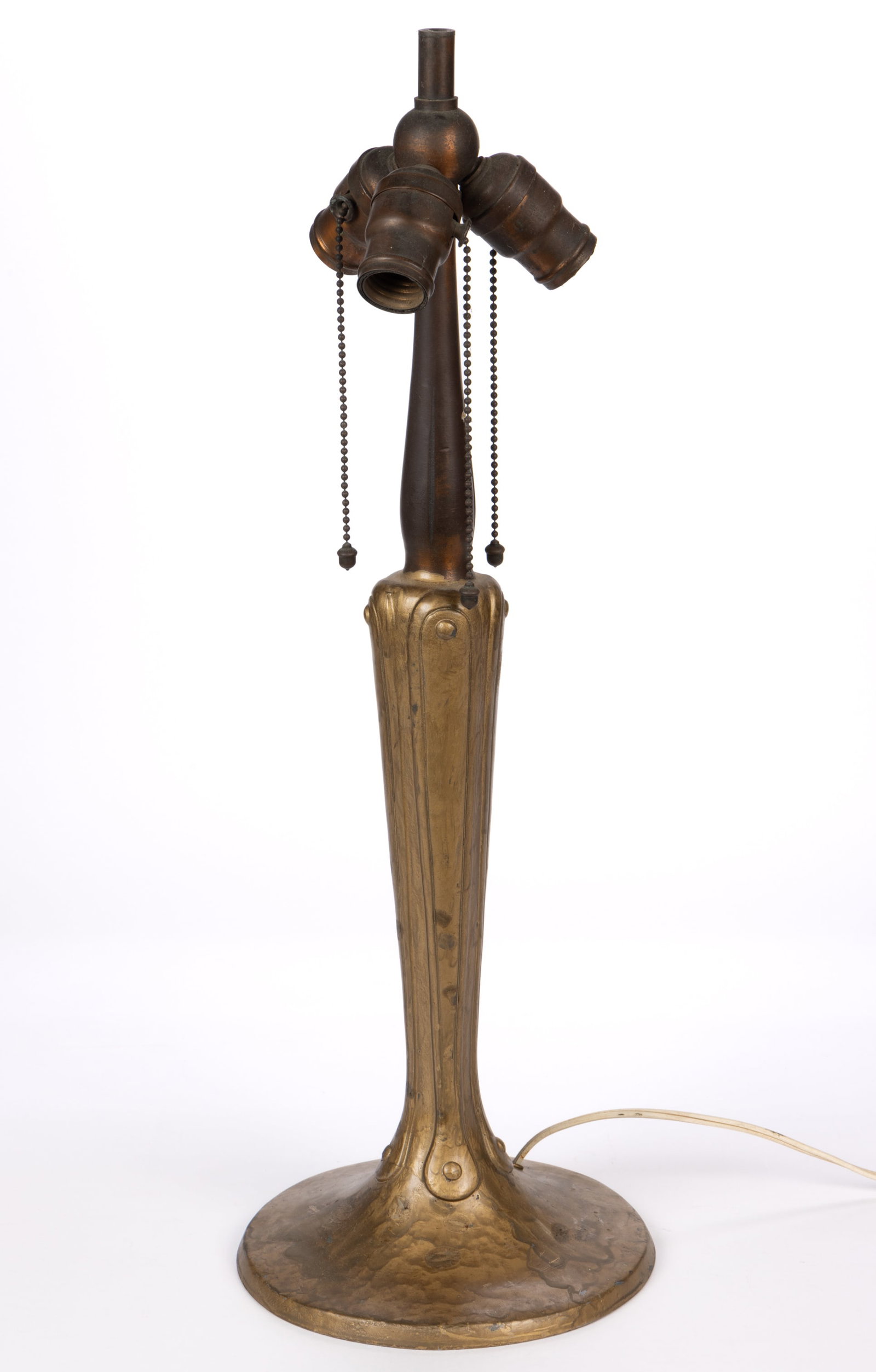 HANDEL SPELTER ELECTRIC LAMP BASE: HANDEL SPELTER ELECTRIC LAMP BASE, having an elongated ovals and beads motif, with a later finish placed on the lower body and foot of the base, lacking a shade holder/ring, signed to the underside "H