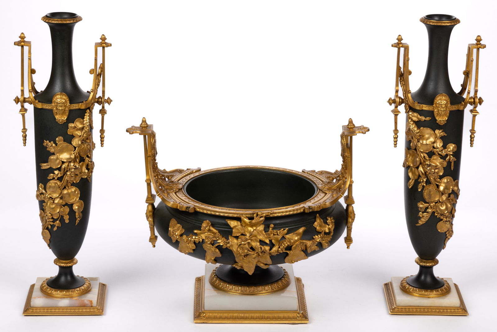 DORE BRONZE AND ALABASTER THREE-PIECE GARNITURE SET (1 of 7)