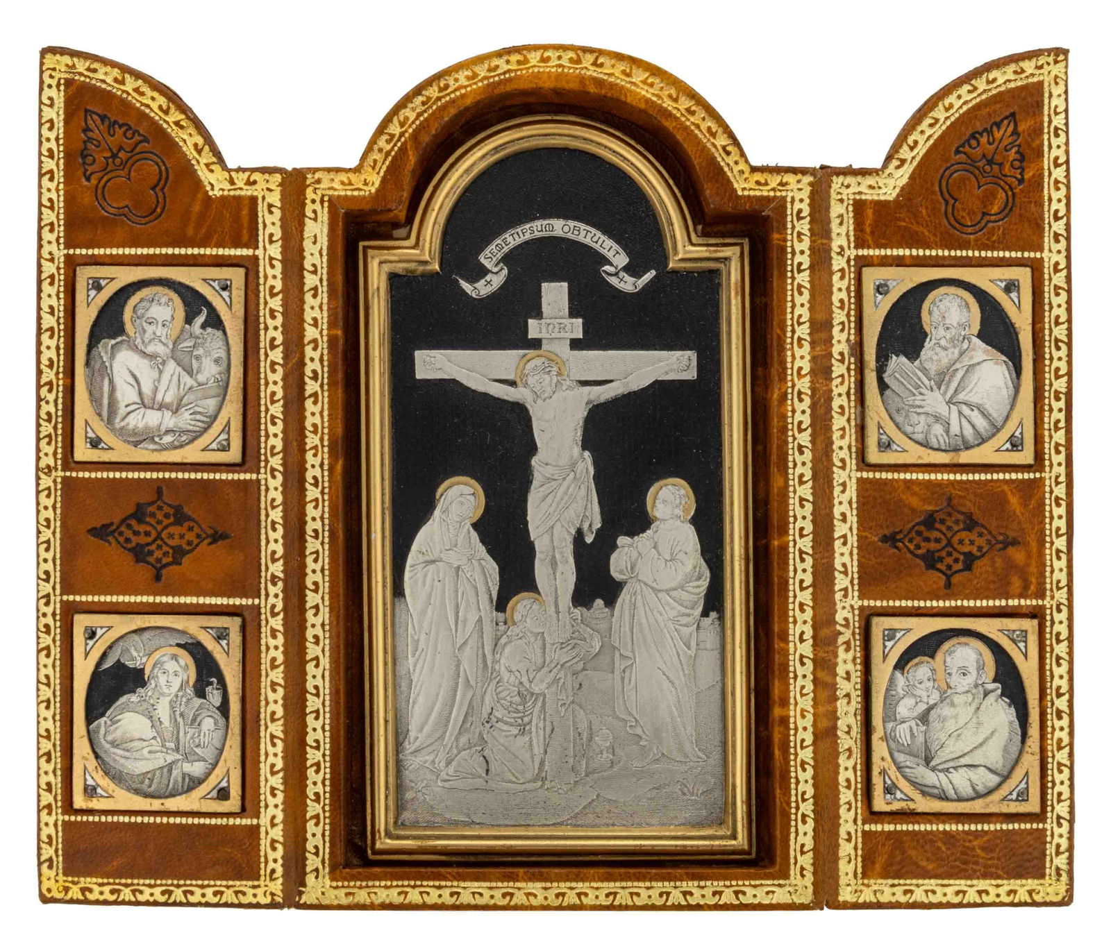 CONTINENTAL LEATHER FOLDING RELIGIOUS ICON WITH ENGRAVED SILVER IMAGES (1 of 2)