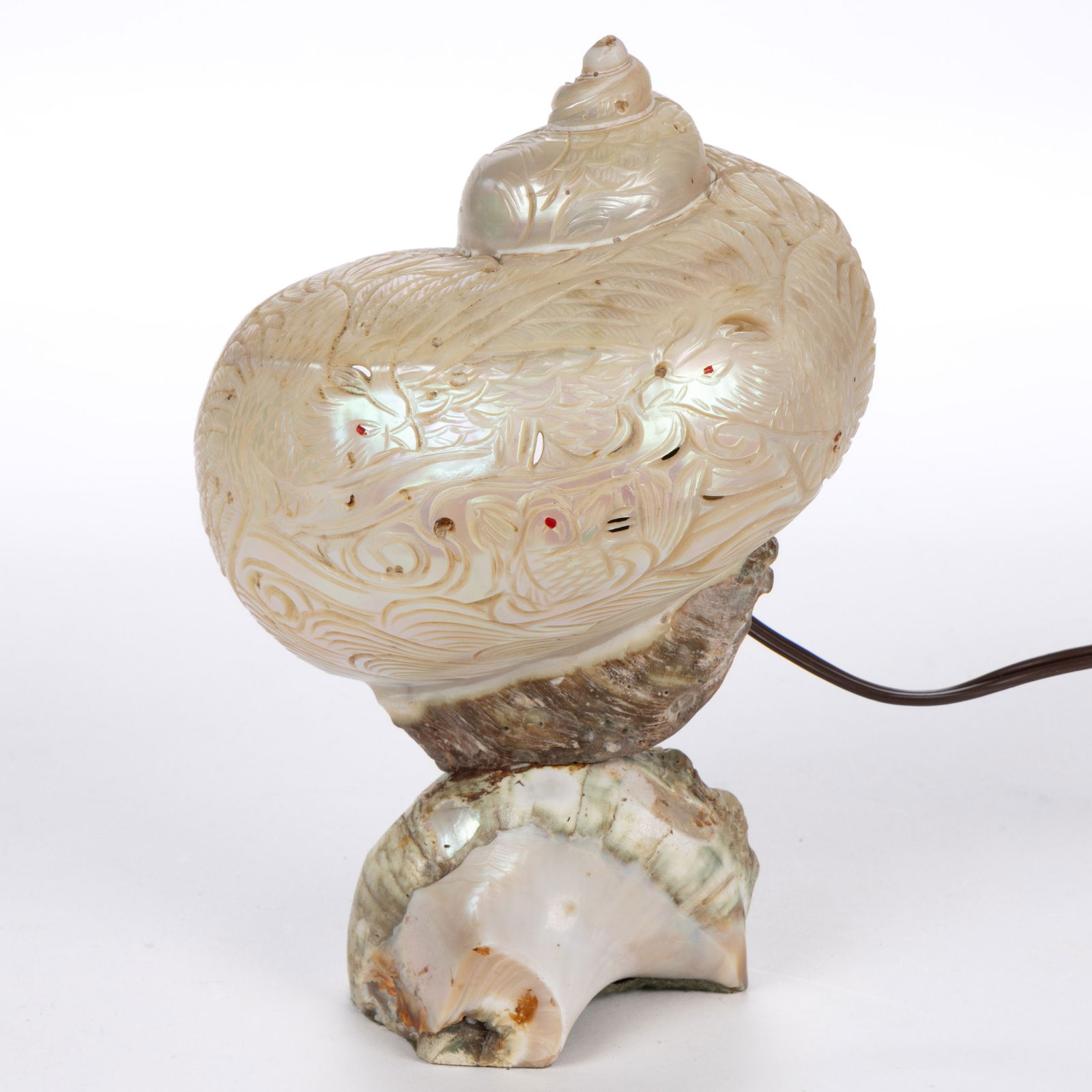 MOTHER-OF-PEARL CARVED NAUTILUS SHELL LAMP WITH PHOENIX DESIGN (1 of 4)