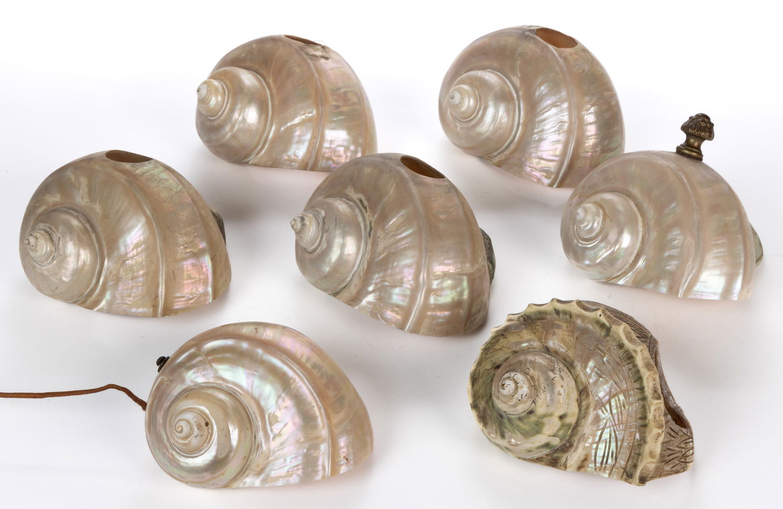 MOTHER-OF-PEARL NAUTILUS SHELL LAMPSHADES, LOT OF SEVEN (1 of 2)