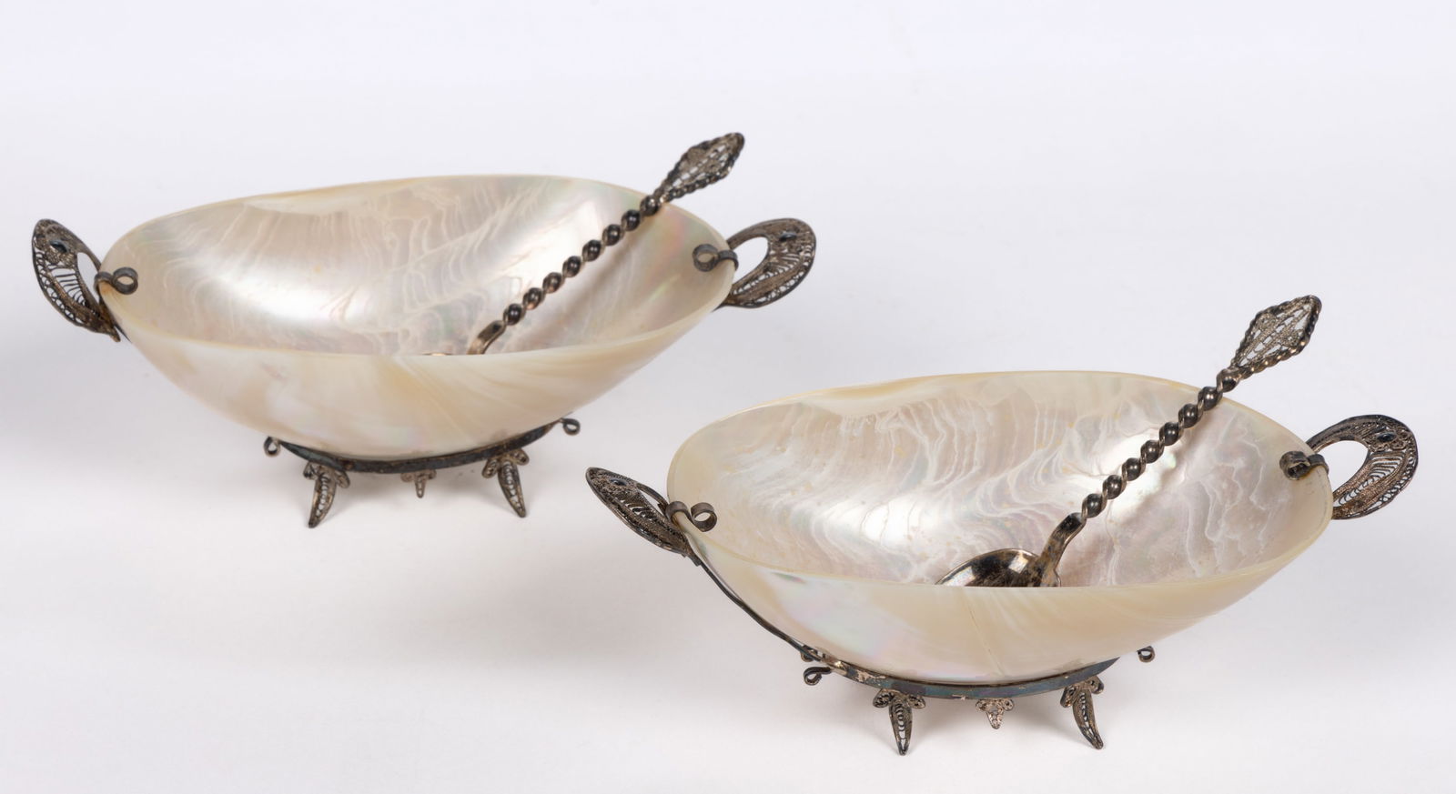 MOTHER-OF-PEARL / NAUTILUS SHELL CAVIAR DISHES WITH SILVER FILIGREE SPOONS, LOT OF TWO (1 of 1)