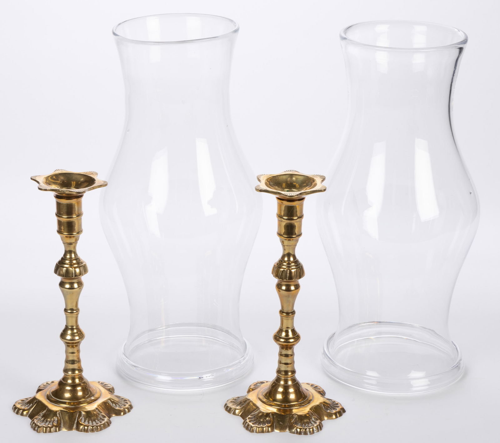 PAIR OF MOTTAHEDEH CANDLESTICKS WITH GLASS HURRICANE SHADES (1 of 3)