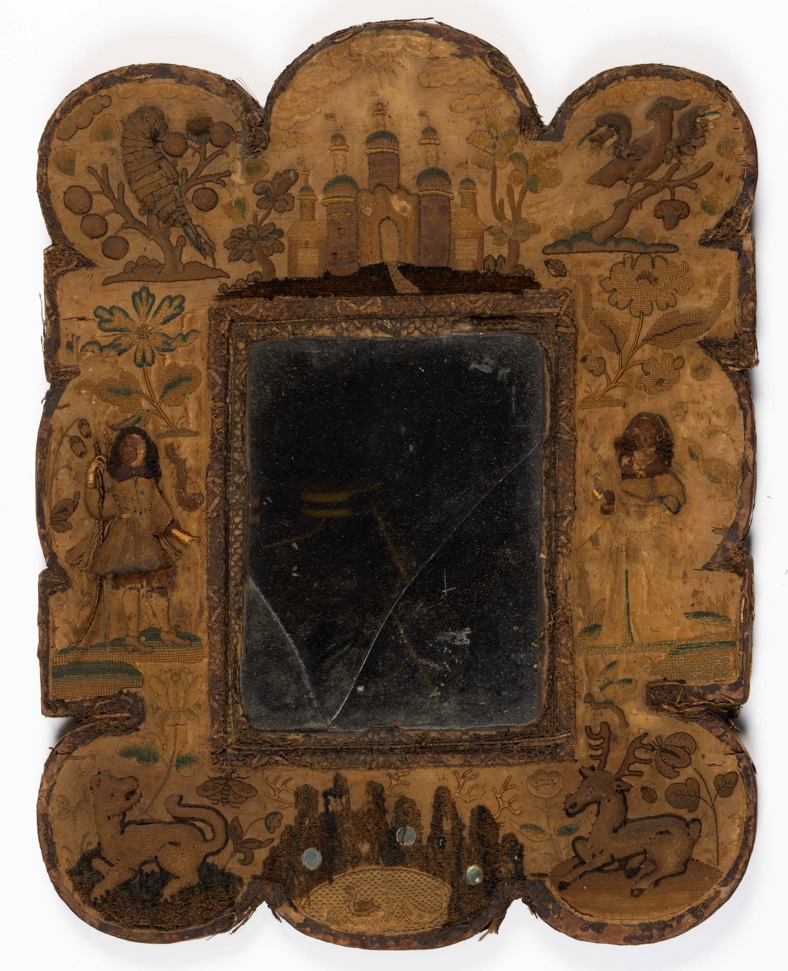CHARLES II ENGLISH STUMPWORK DRESSING MIRROR / LOOKING GLASS (1 of 6)