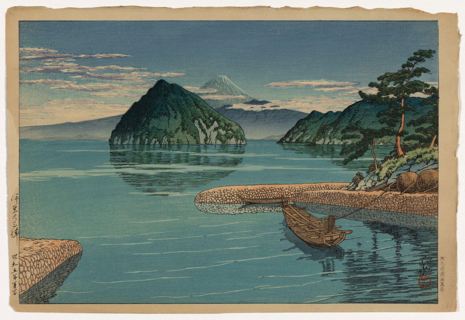 KAWASE HASUI (JAPANESE, 1883-1957) "MITO, IZU" WOODBLOCK PRINT: KAWASE HASUI (JAPANESE, 1883-1957) "MITO, IZU" WOODBLOCK PRINT, or "Izu no Mito", depicting a harbor landscape with a moored boat in the foreground, featuring an island and mountai