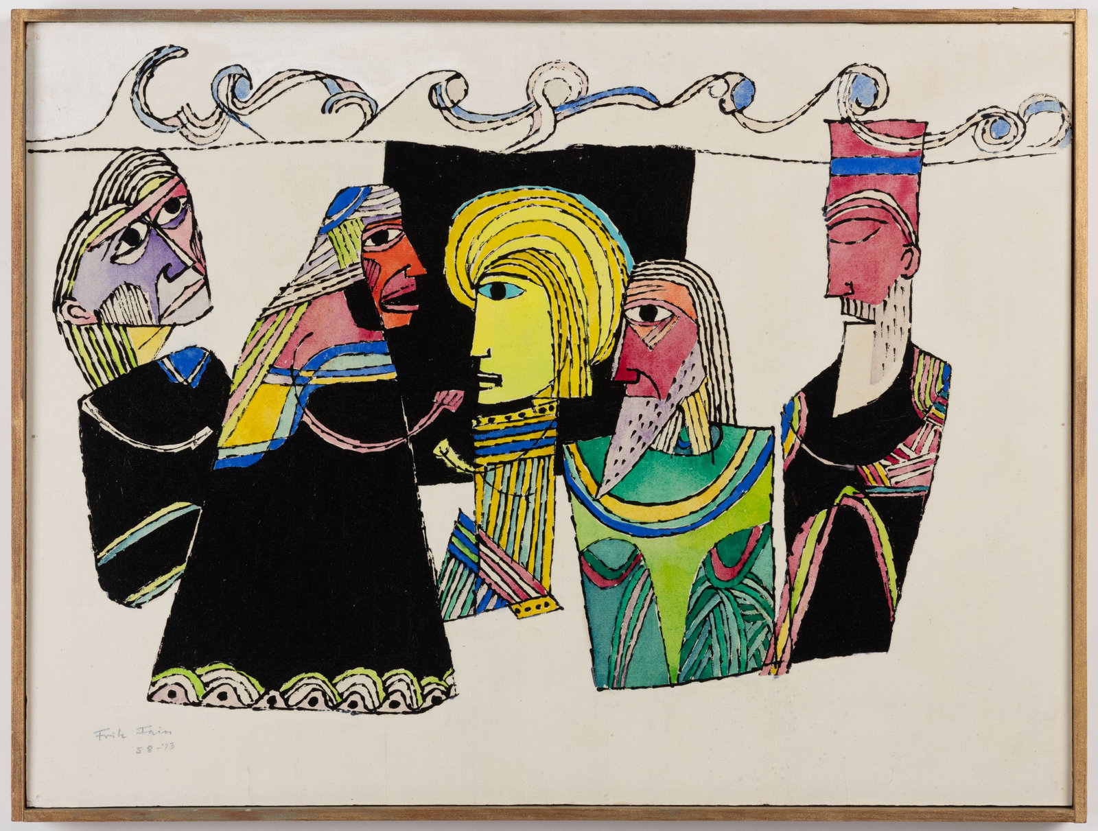 FRITZ FAISS (GERMANY / CALIFORNIA, 1905-1981) ABSTRACT / MODERNIST PAINTING: FRITZ FAISS (GERMANY / CALIFORNIA, 1905-1981) ABSTRACT / MODERNIST PAINTING, oil / encaustic tuk-drawing on masonite board, titled "Jesus and the Doctors", signed "Fritz 