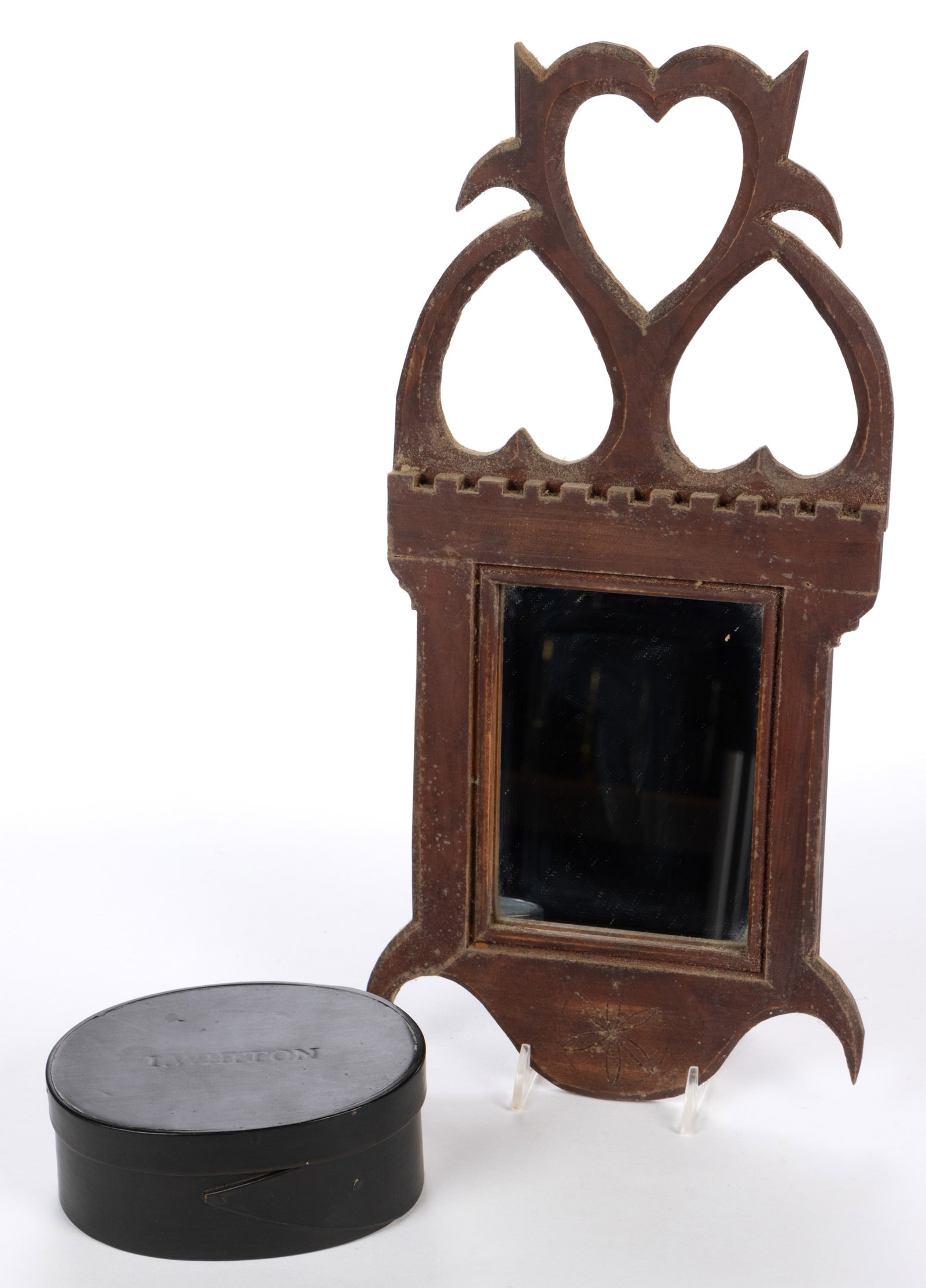 ELDRED WHEELER COURTING MIRROR: ELDRED WHEELER COURTING MIRROR, featuring hearts at the top, and a carved pinwheel at the bottom, retains original label to backside. Together with a painted bentwood pantry box bearing the name "