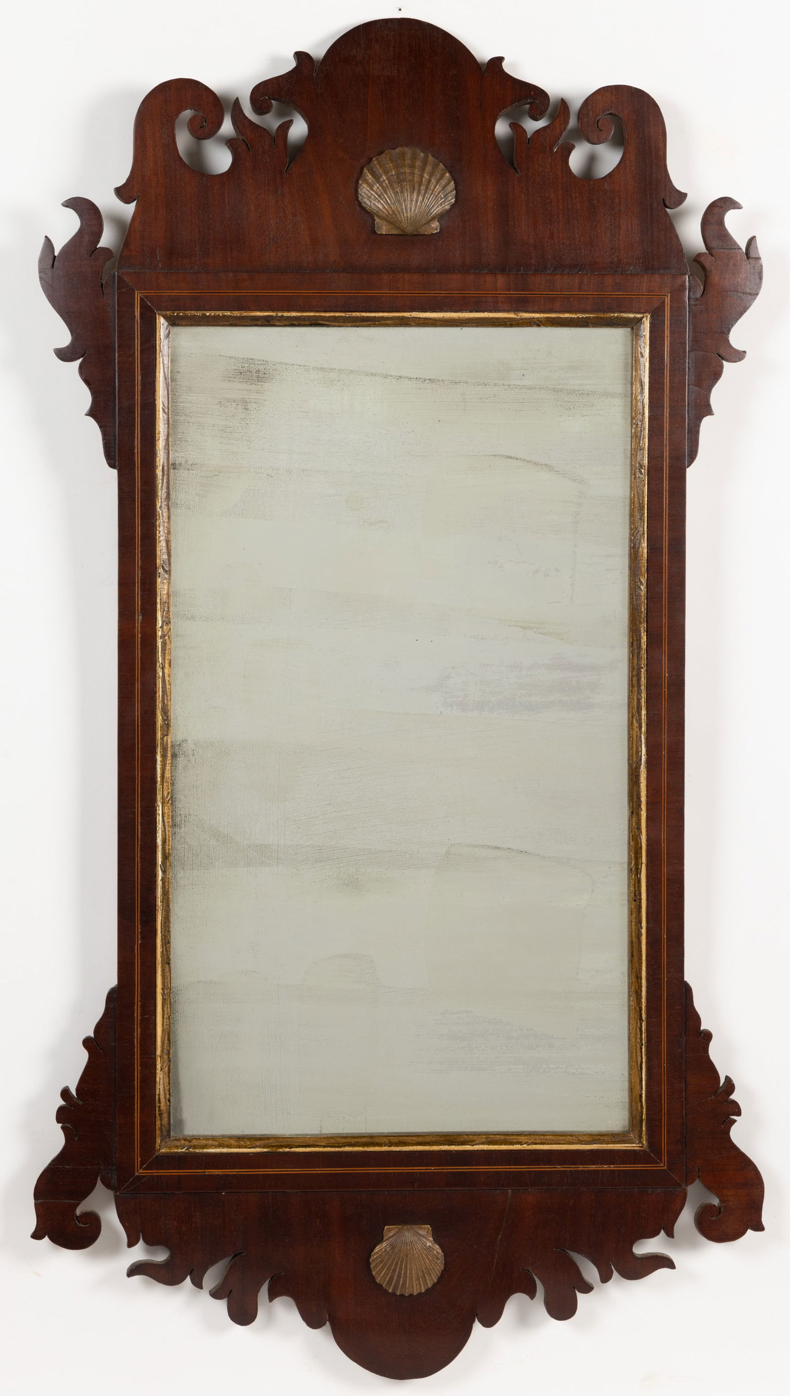 GEORGE III / CHIPPENDALE INLAID MAHOGANY LOOKING GLASS / WALL MIRROR (1 of 4)