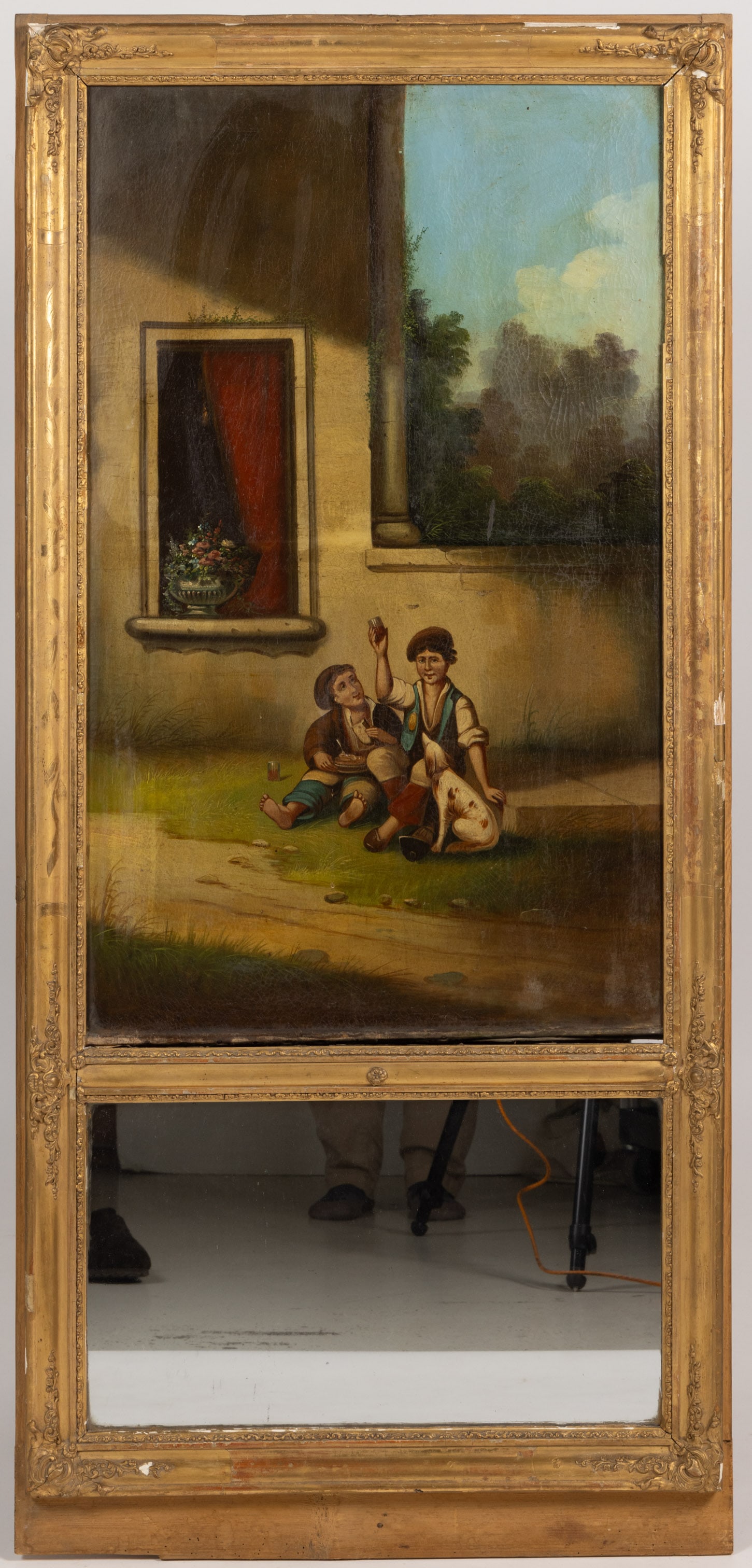 CONTINENTAL TRUMEAU MIRROR WITH PORTRAIT OF BOYS AND DOG (1 of 4)