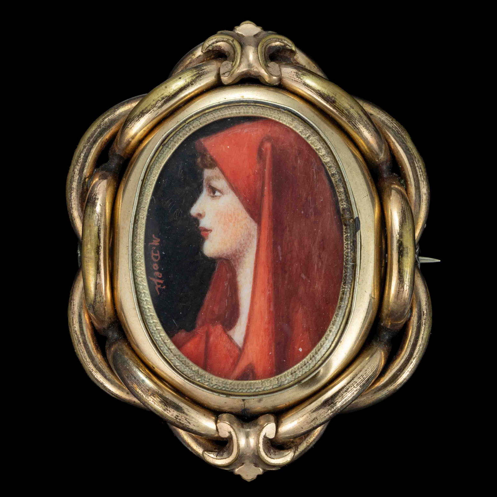 CONTINENTAL SCHOOL (19TH CENTURY) MINIATURE PORTRAITS IN GOLD-FILLED BROOCH (1 of 2)