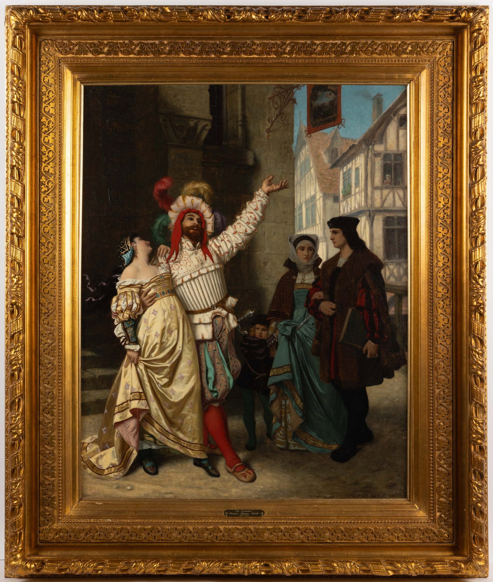 GEORGES MERLE (FRENCH, 1851-1886) TROUBADOUR PAINTING: GEORGES MERLE (FRENCH, 1851-1886) TROUBADOUR PAINTING, oil on canvas depicting a figure in the street of a hamlet surrounded by onlookers. Signed lower right "GEORGES MERLE, 1880". Housed in