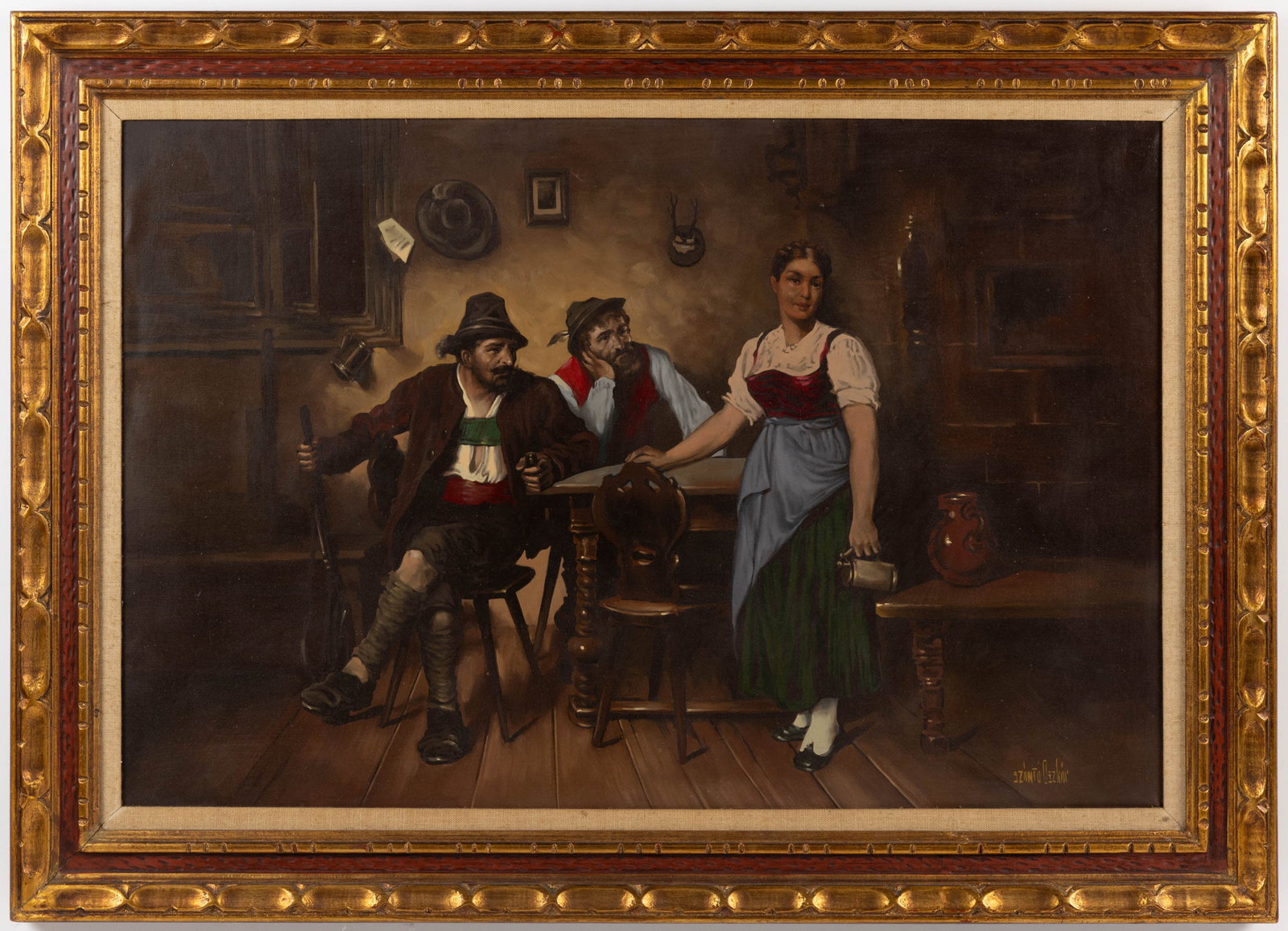 EUROPEAN SCHOOL (20TH CENTURY) GENRE PAINTING: EUROPEAN SCHOOL (20TH CENTURY) GENRE PAINTING, oil on canvas, depicting a tavern interior scene featuring two men seated at a table, one holding a long gun, gazing at a waitress holding a pewter stein