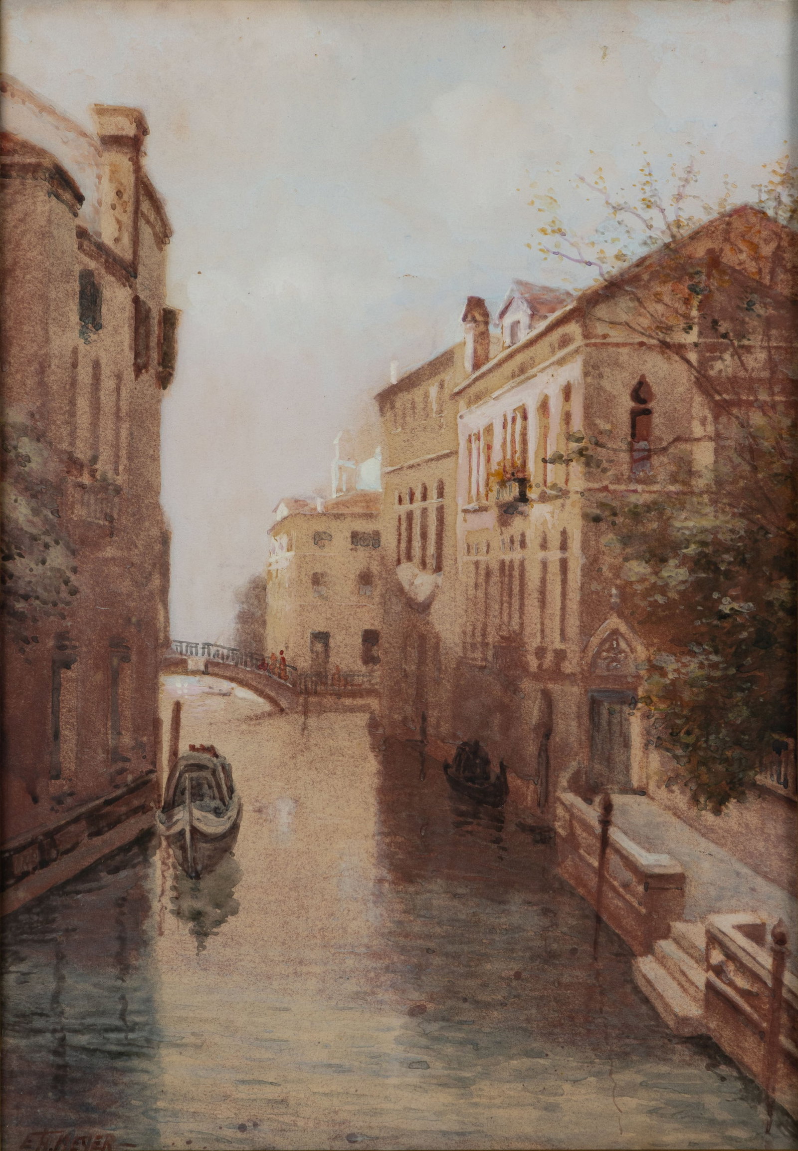 EMIL H. MEYER (B.1863) VENETIAN CANAL SCENE: EMIL H. MEYER (B.1863) VENETIAN CANAL SCENE, watercolor on paper, featuring gondolas and pedestrians in the distance, signed lower left. Housed under glass in possibly original frame. Late 19th/early 