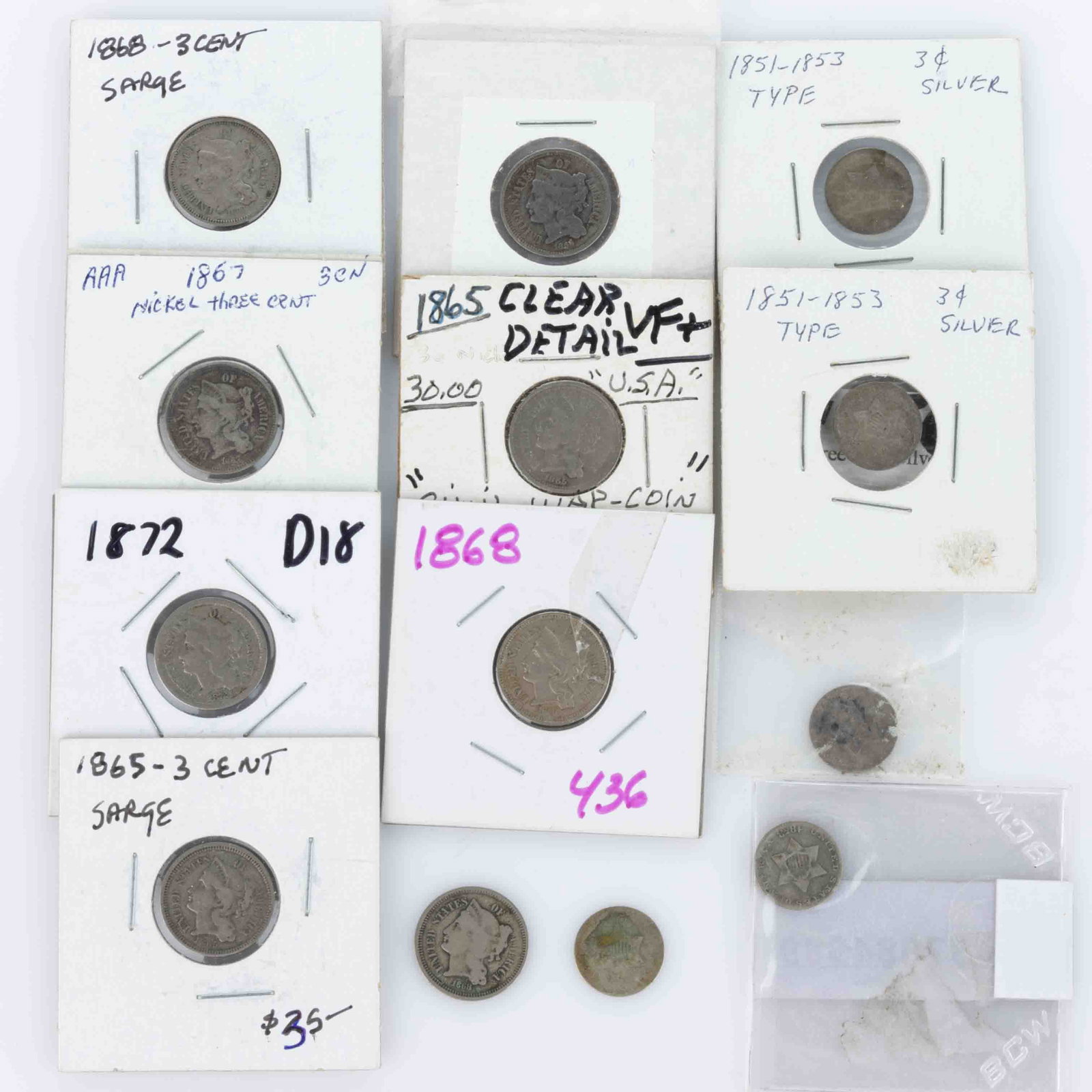 UNITED STATES NICKEL AND SILVER ASSORTED THREE-CENT / TRIME COINS, LOT OF 13 (1 of 2)